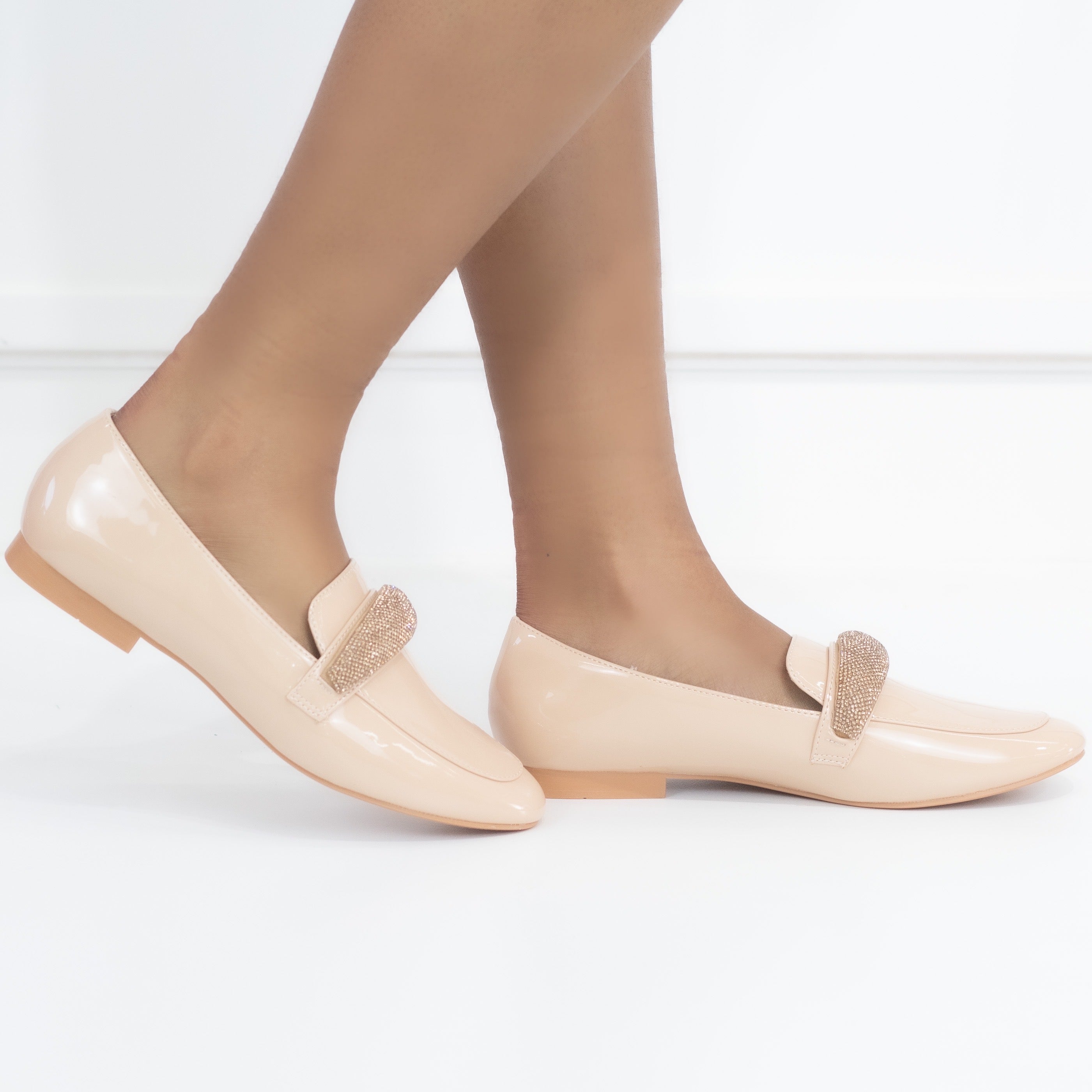 Honey flat loafer pat PU with diamante detail Nude