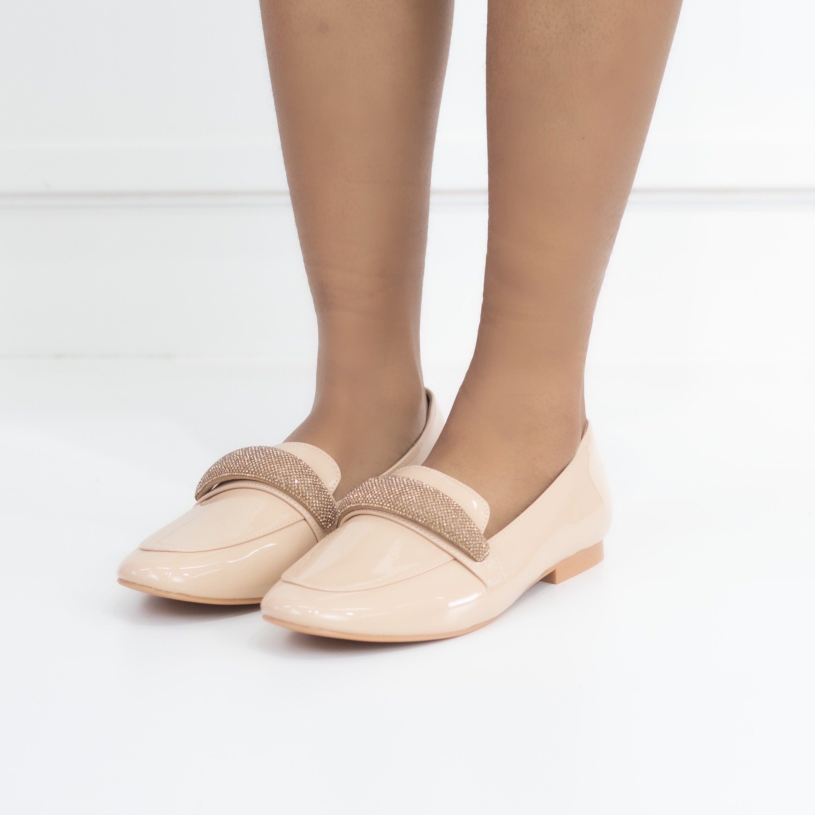 Honey flat loafer pat PU with diamante detail Nude