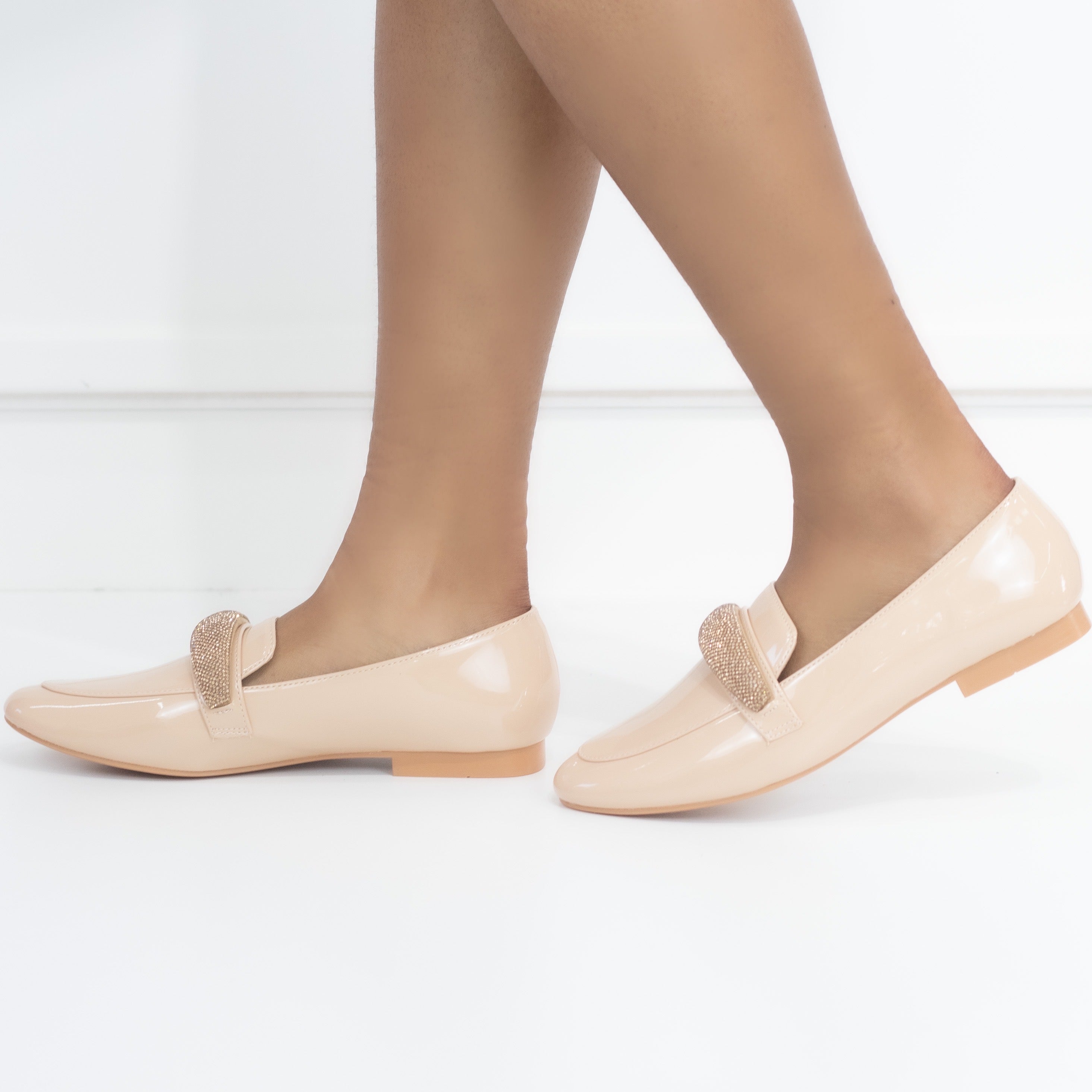 Honey flat loafer pat PU with diamante detail Nude