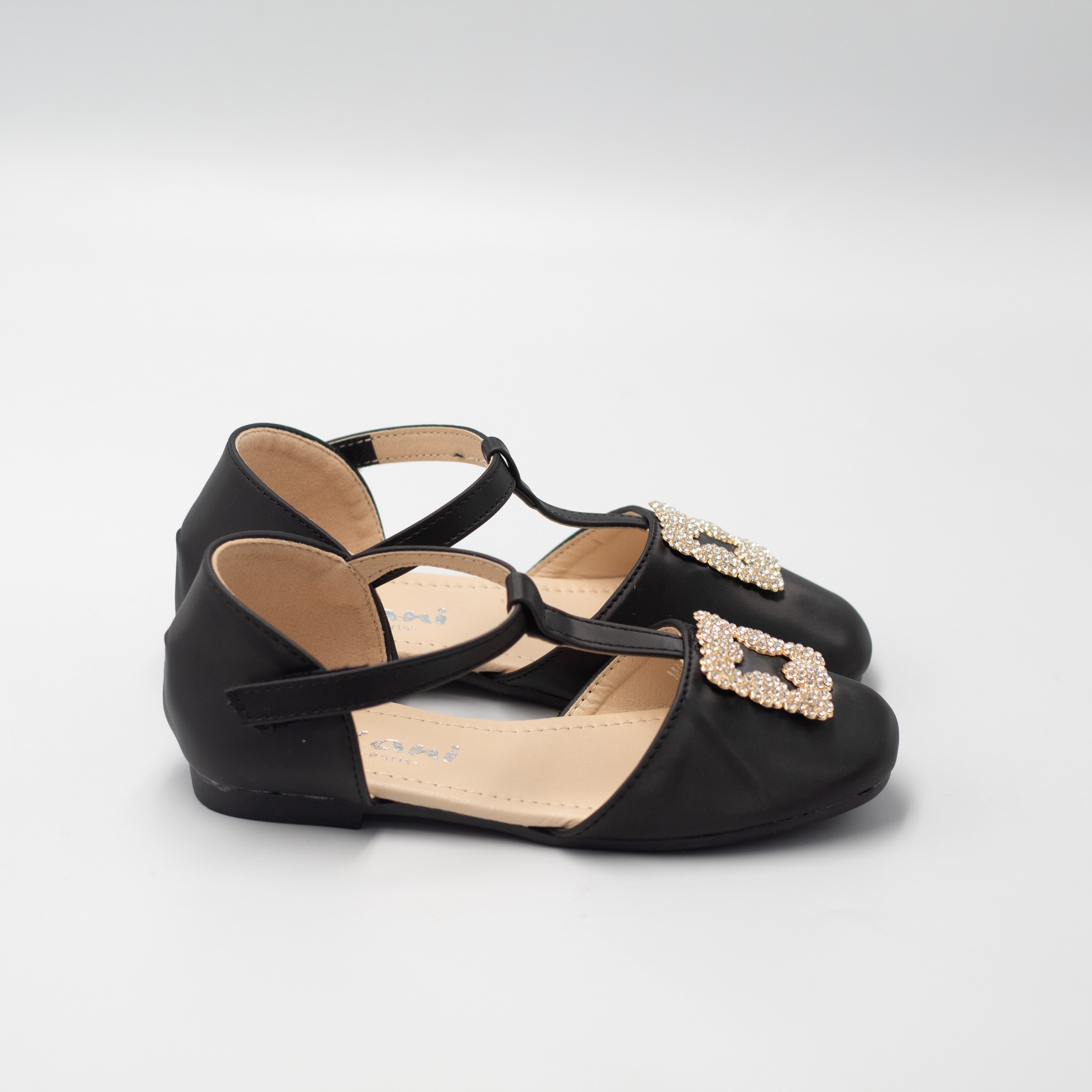Ayla baby girls t-shaped belt pump with gold trim black