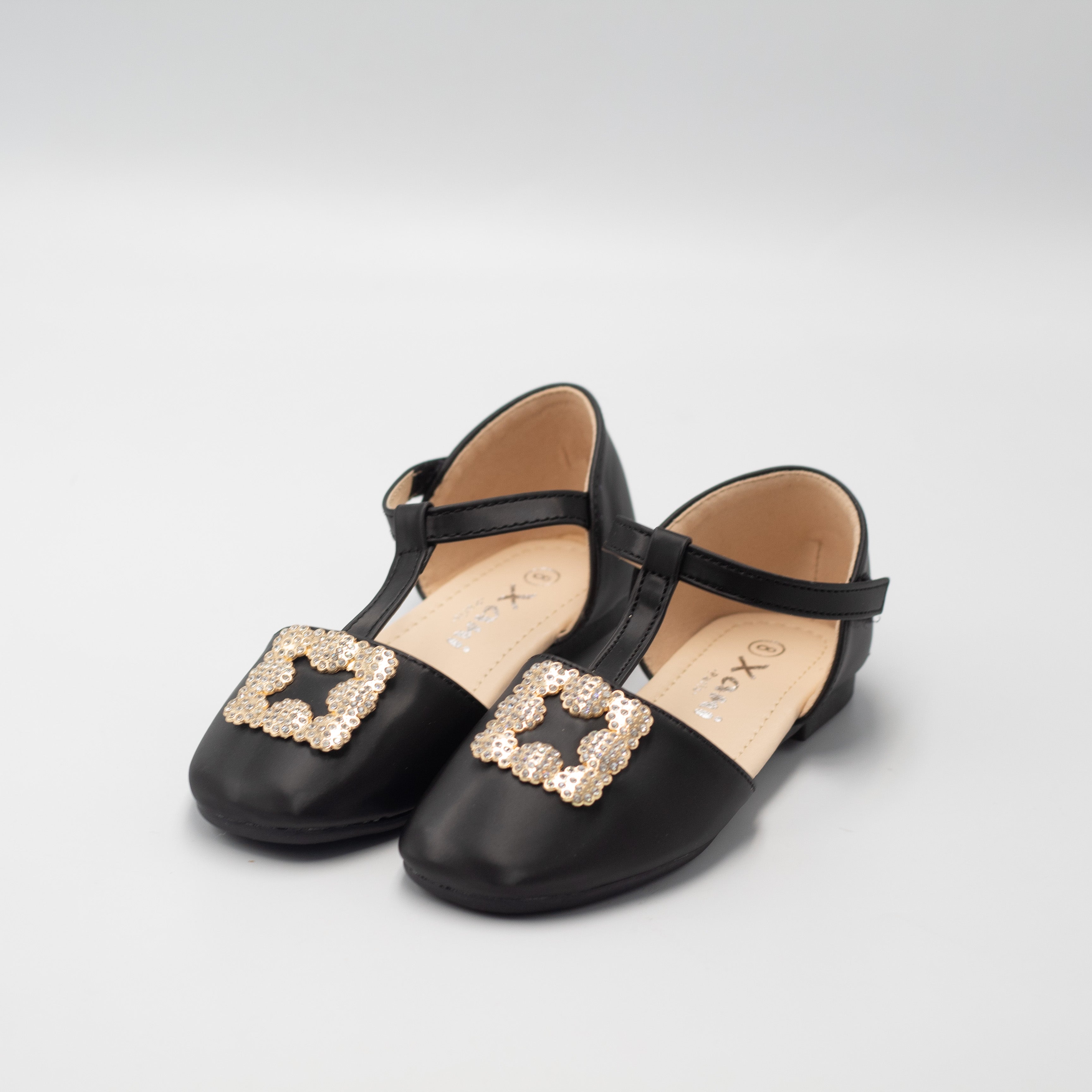 Ayla baby girls t-shaped belt pump with gold trim black