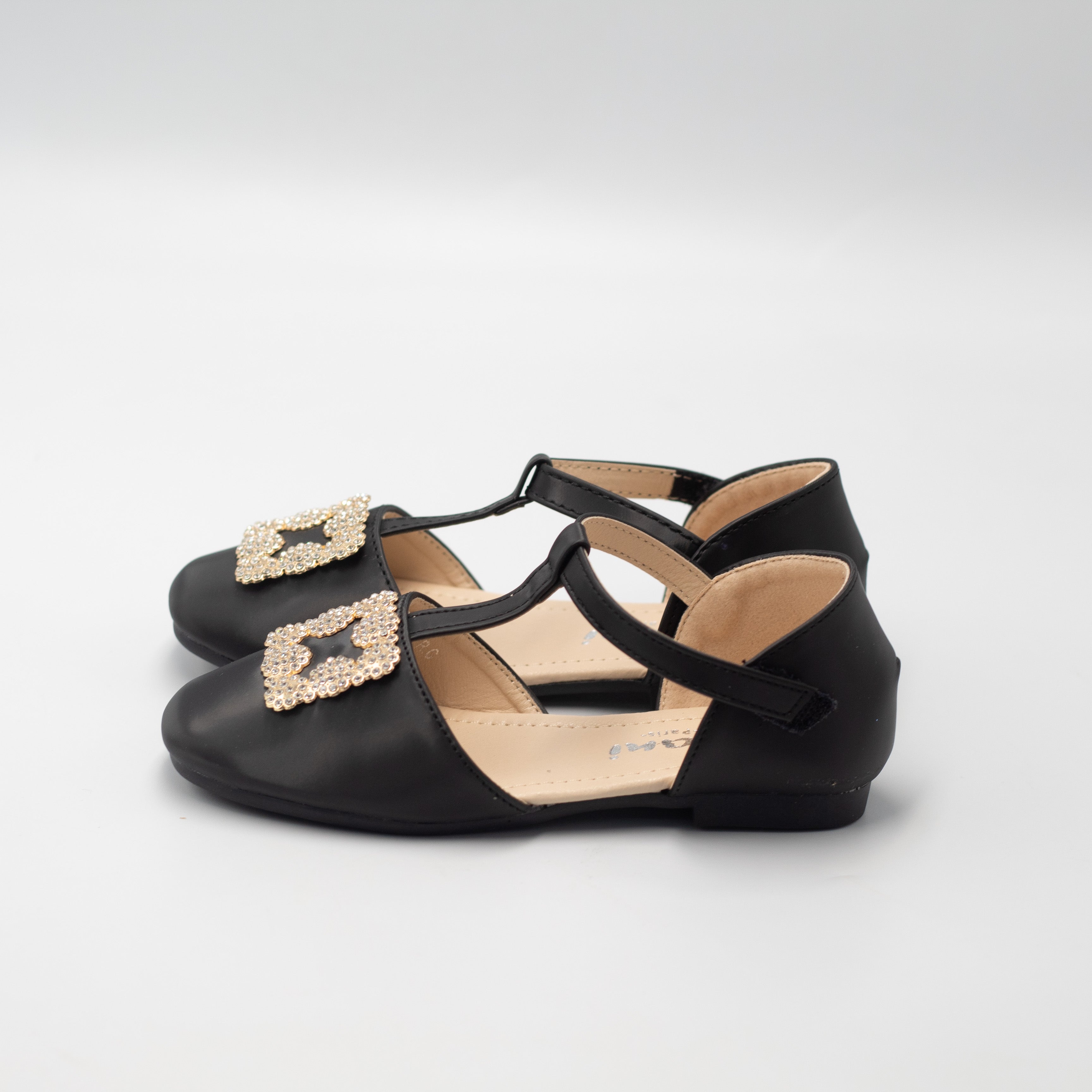 Ayla baby girls t-shaped belt pump with gold trim black