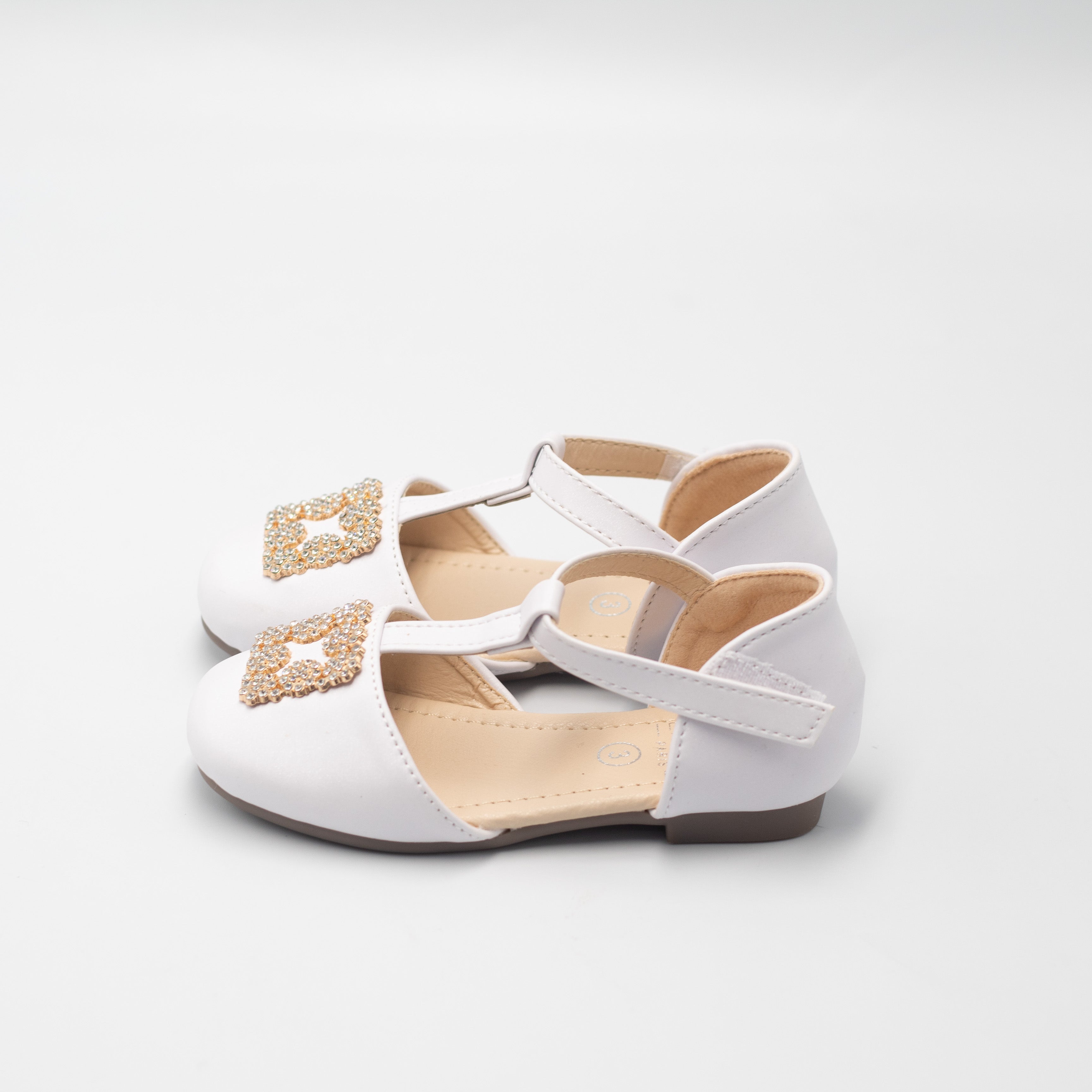 Ayla inf girls t-shaped belt pump with gold trim white