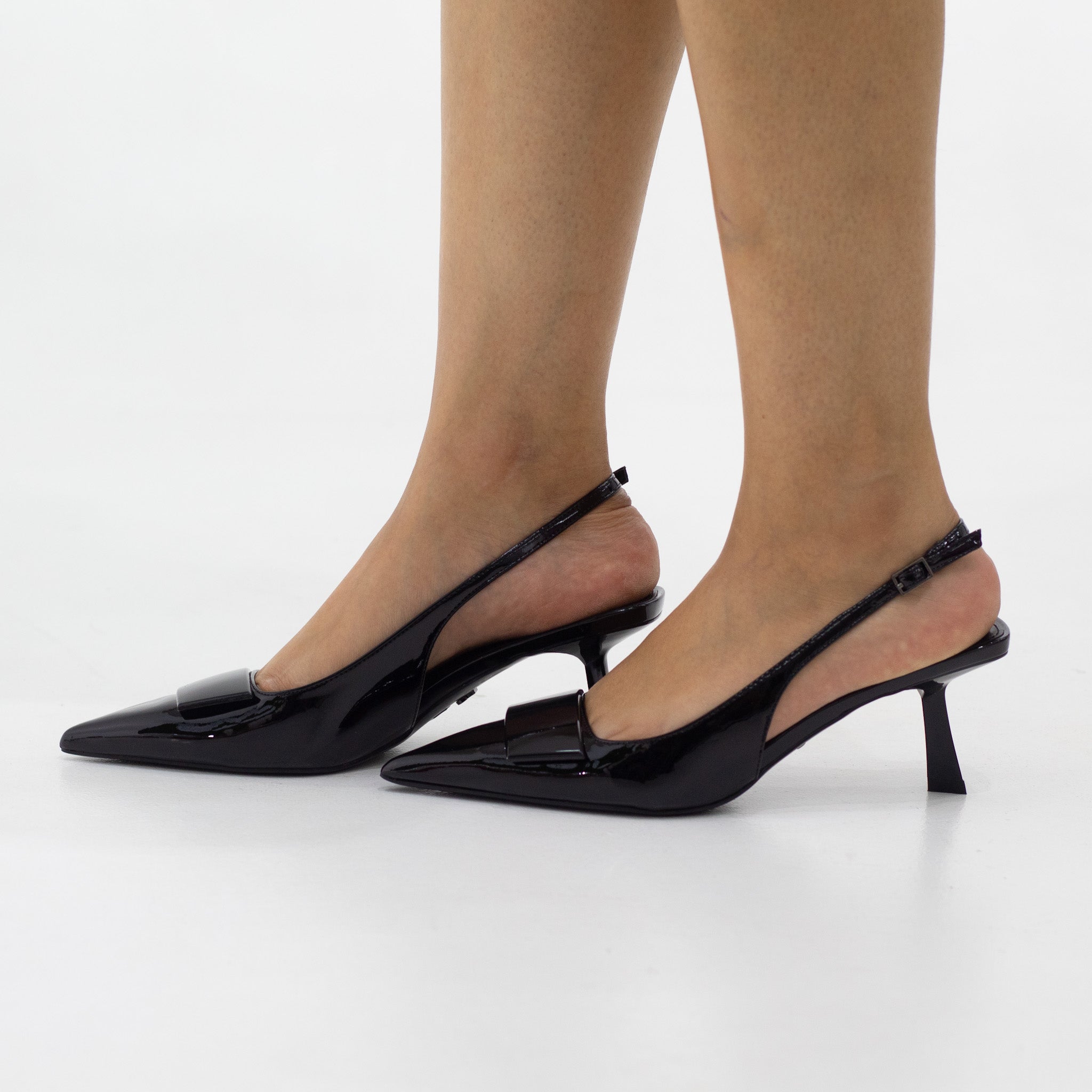 Abba glossy patent sling back with reg trim on a 4.5cm heel