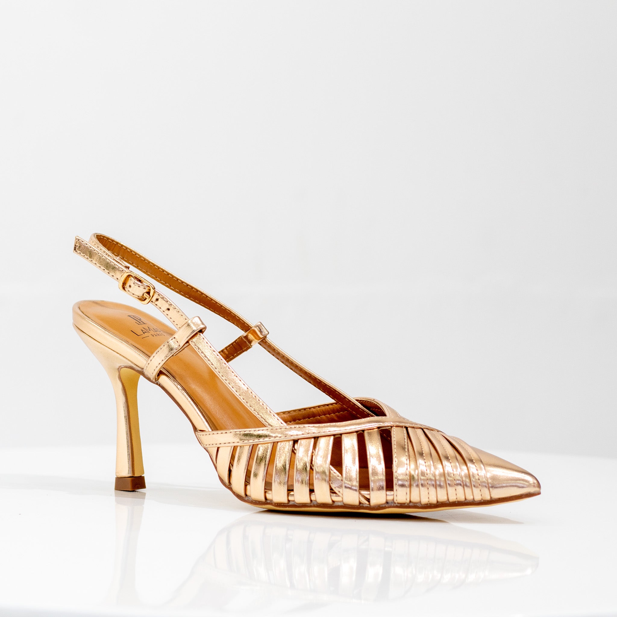 Gold closed strippy 8cm heel sling back slinky
