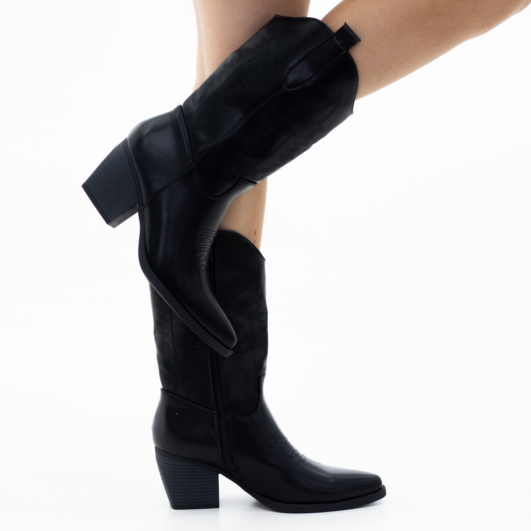Cowboy embroidered PU mat 7cm heel mid calf boot black