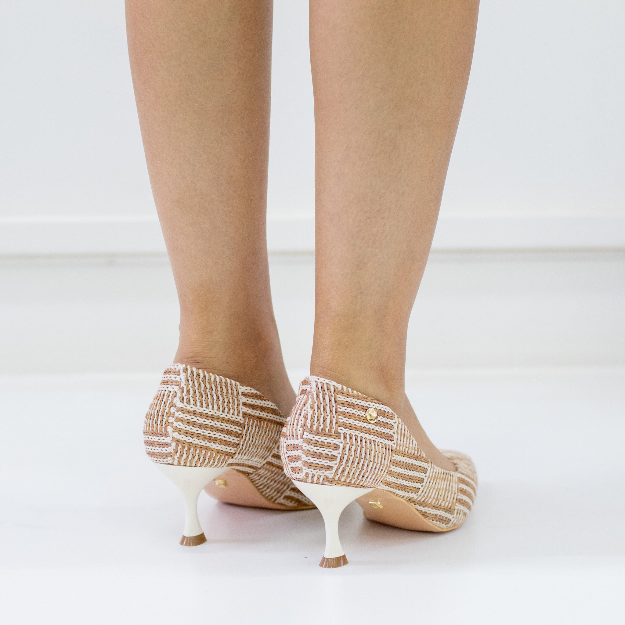 Beige 6.5cm heel knitted pointy multi-colored court merge