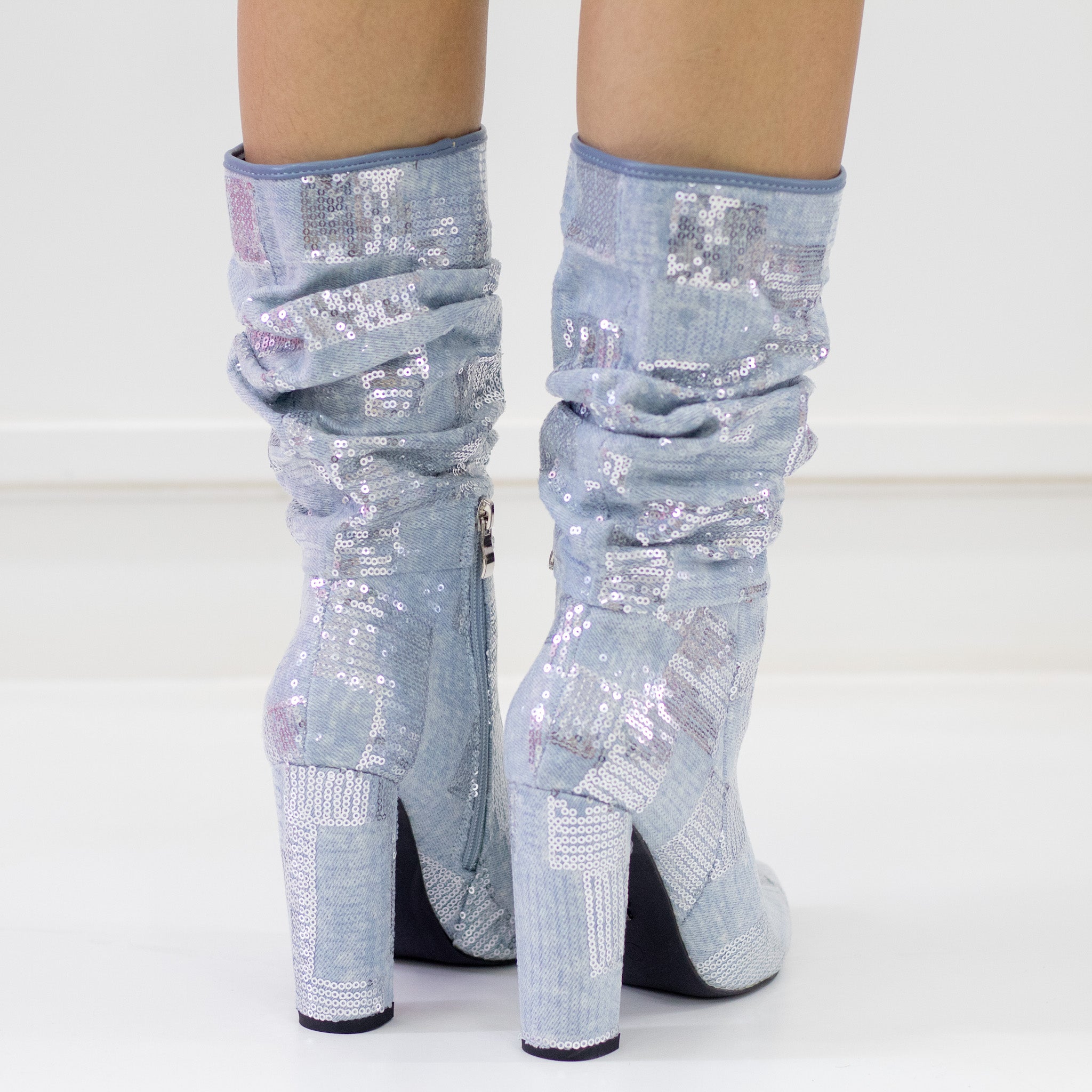 Blue 11cm heel sequin embellished mid-calf pointy bootie icon