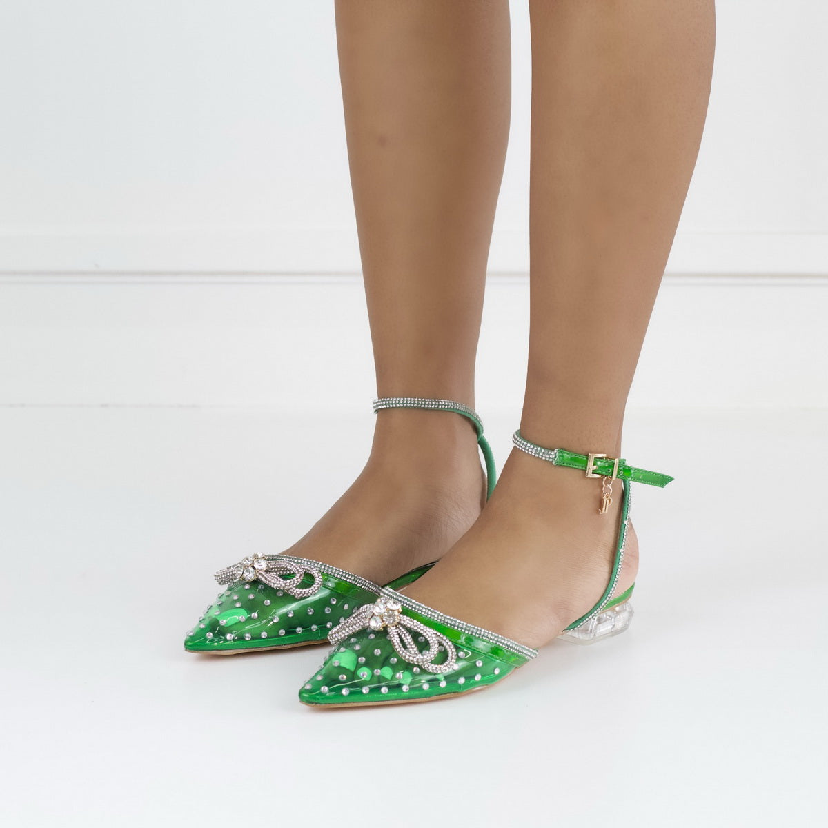 Alyona 2cm heel bling bow strap perspex flat green