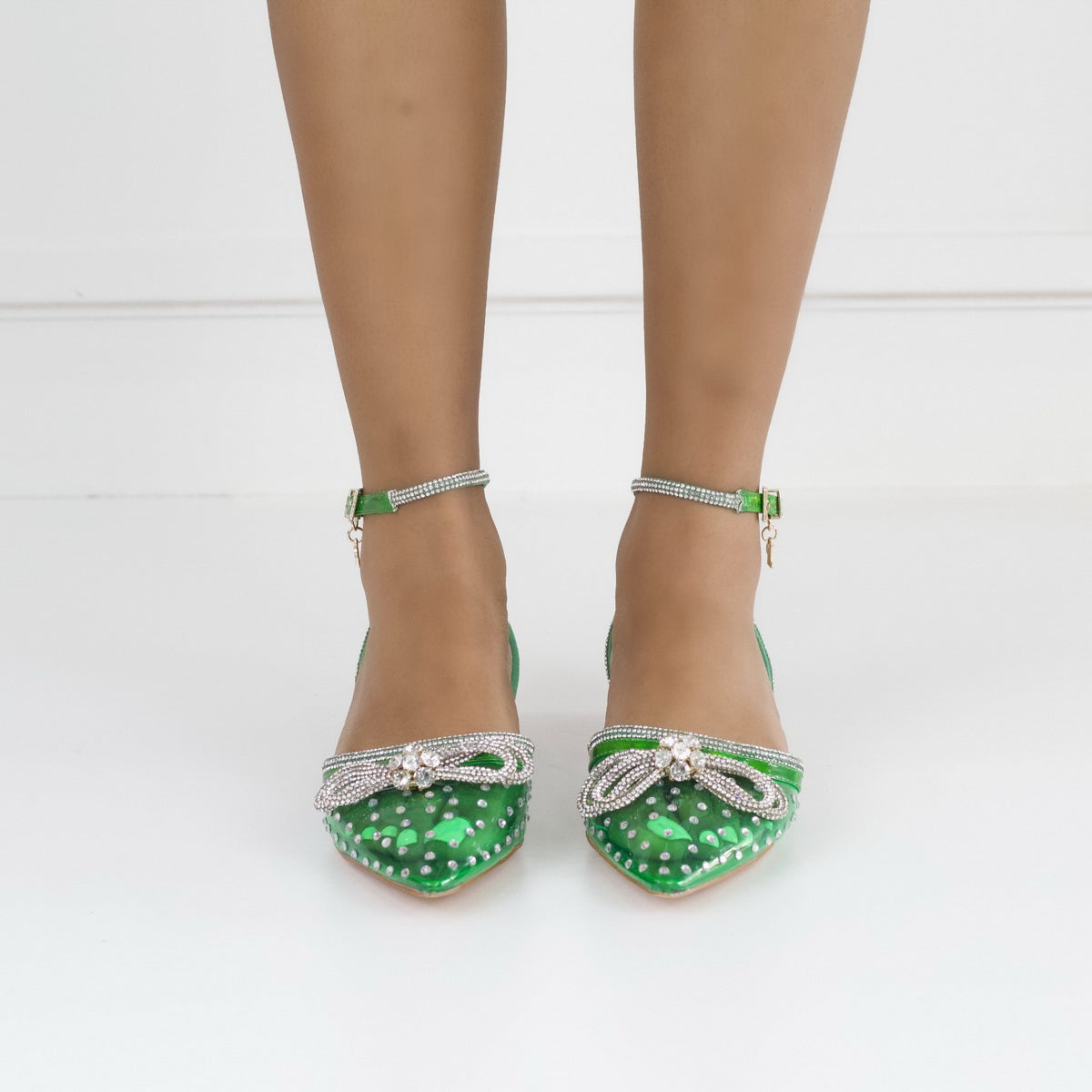 Alyona 2cm heel bling bow strap perspex flat green