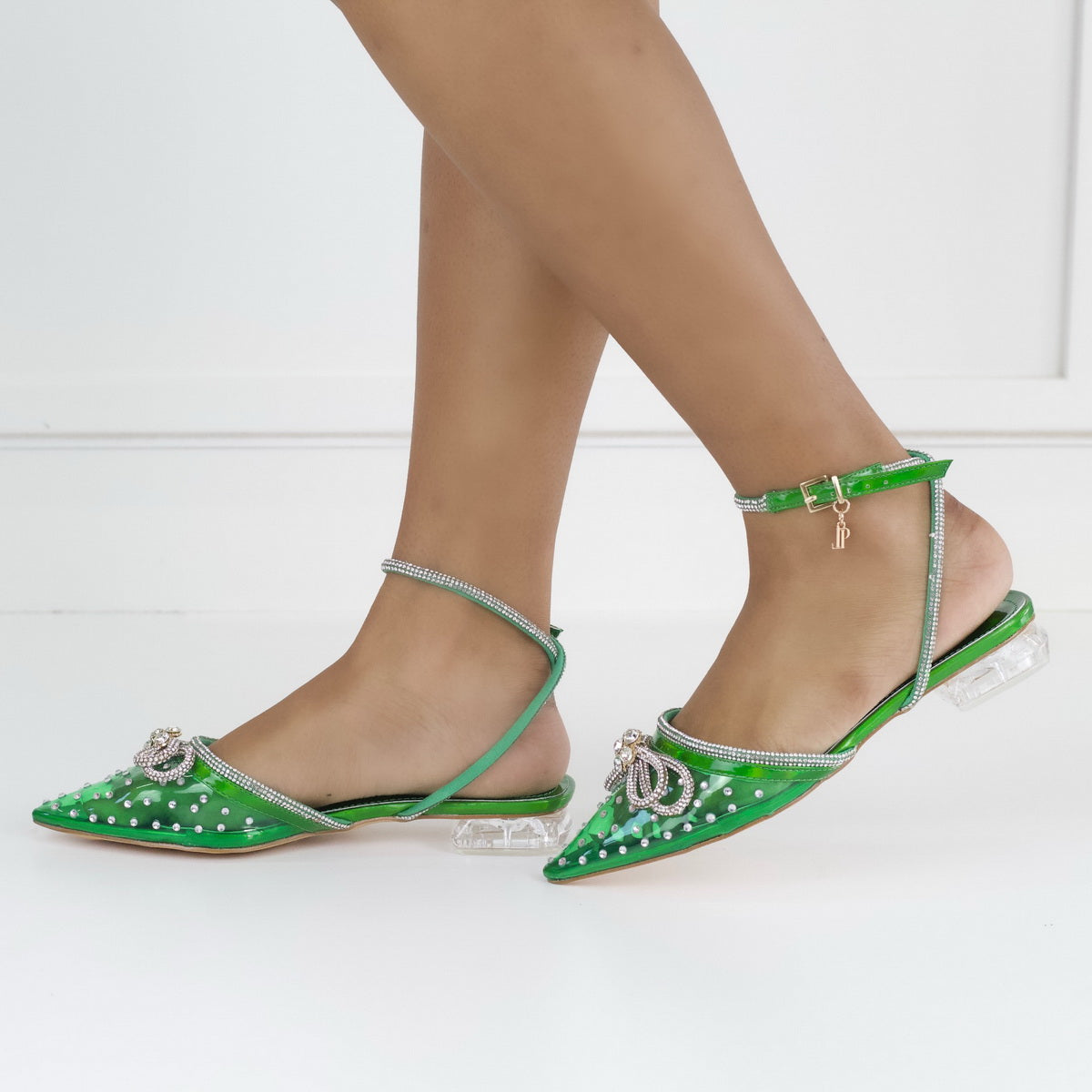 Alyona 2cm heel bling bow strap perspex flat green