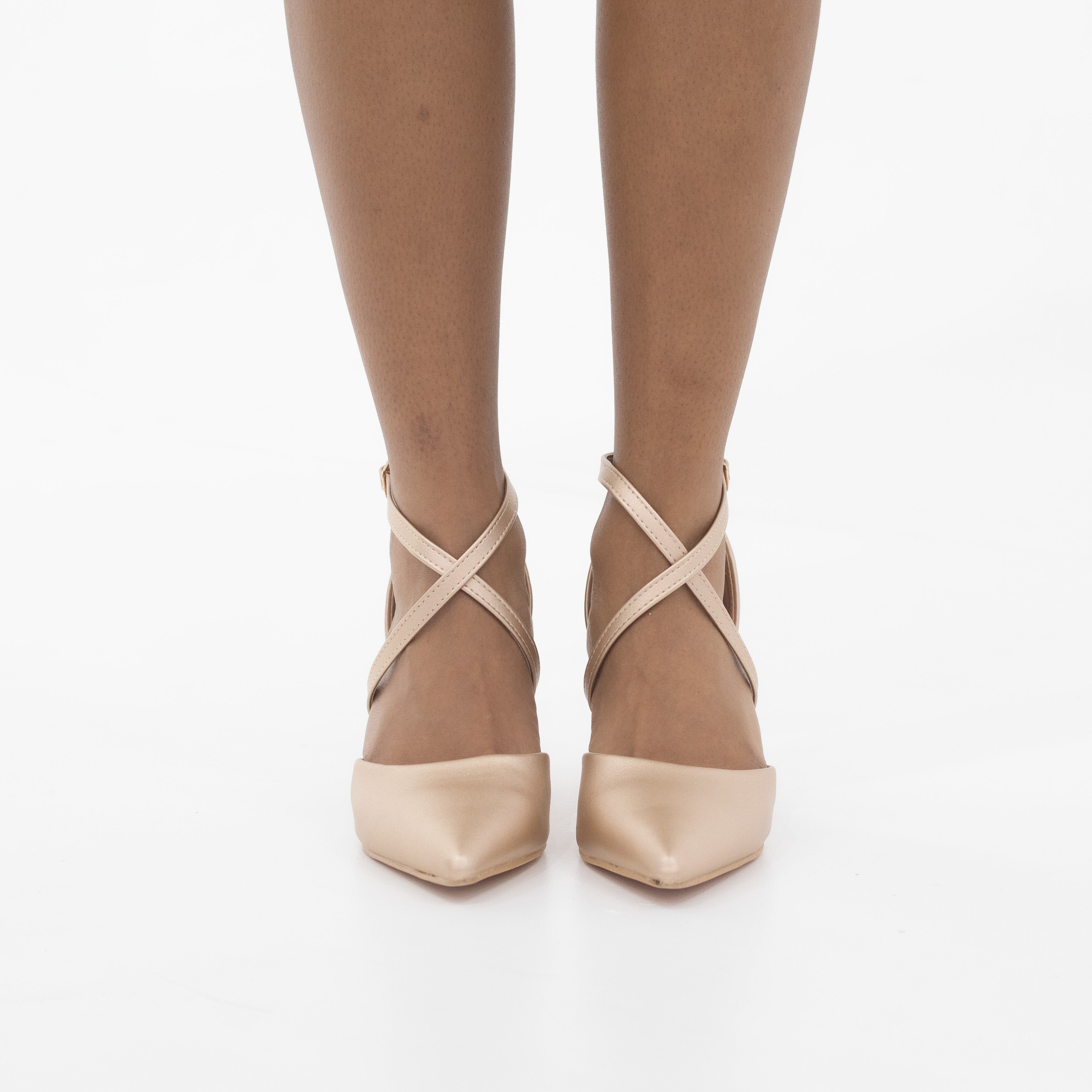 Lunara diamante detailed cross-belts open waist mid heel champagne