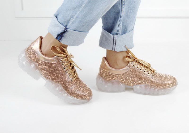 Rose gold Runway glitter-faux leather platform trainers raven