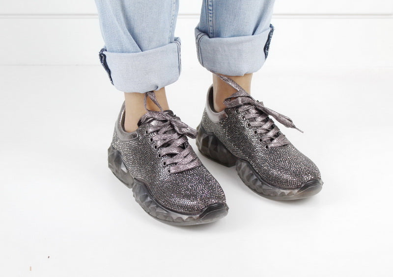 Pewter Runway glitter-faux leather platform trainers raven