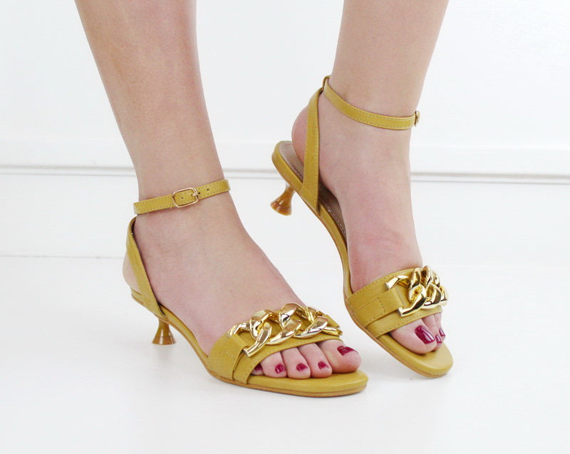 Mustard kitten heel with chain trim sandal aranka