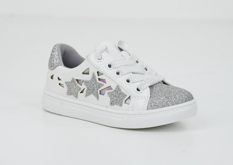 White infants lace up glitter sneaker caris