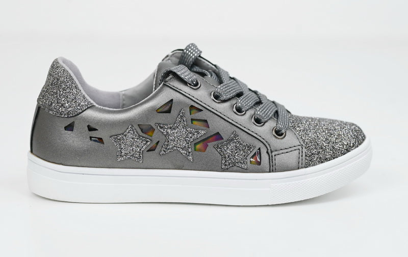 Pewter girls lace up glitter sneaker caris