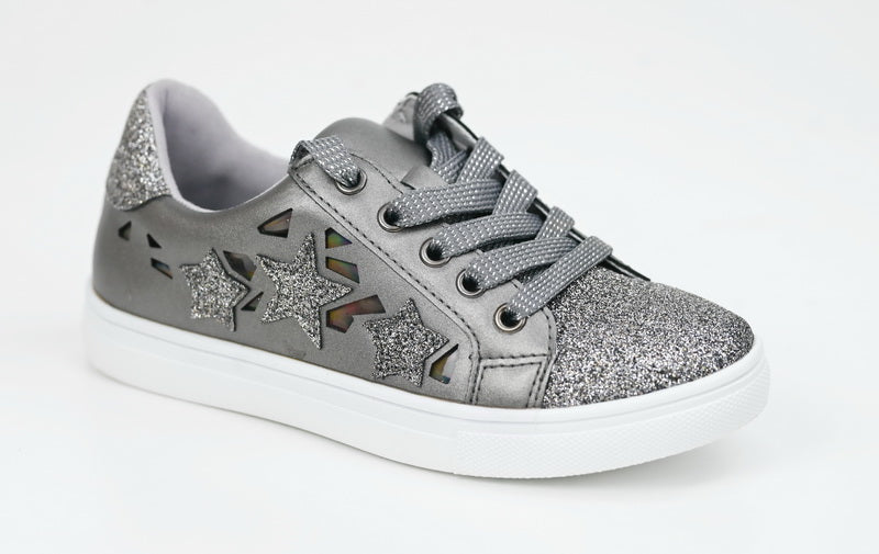 Pewter girls lace up glitter sneaker caris