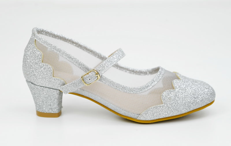 Silver girls party shoe with glitter and mash danita