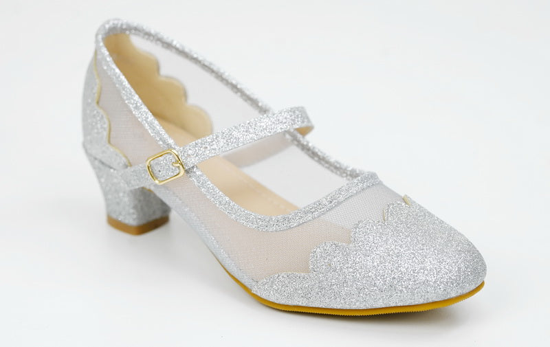 Silver girls party shoe with glitter and mash danita