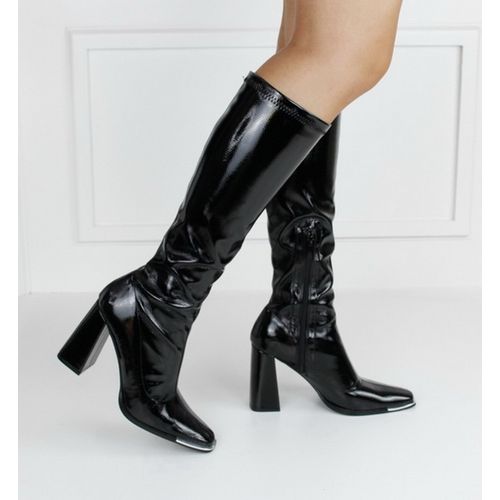 Black knee high patent boot on 10cm block heel agota