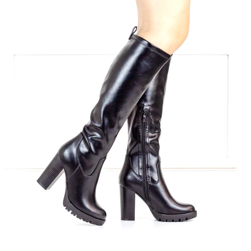 Black 10cm heel knee high stretch boot ellez