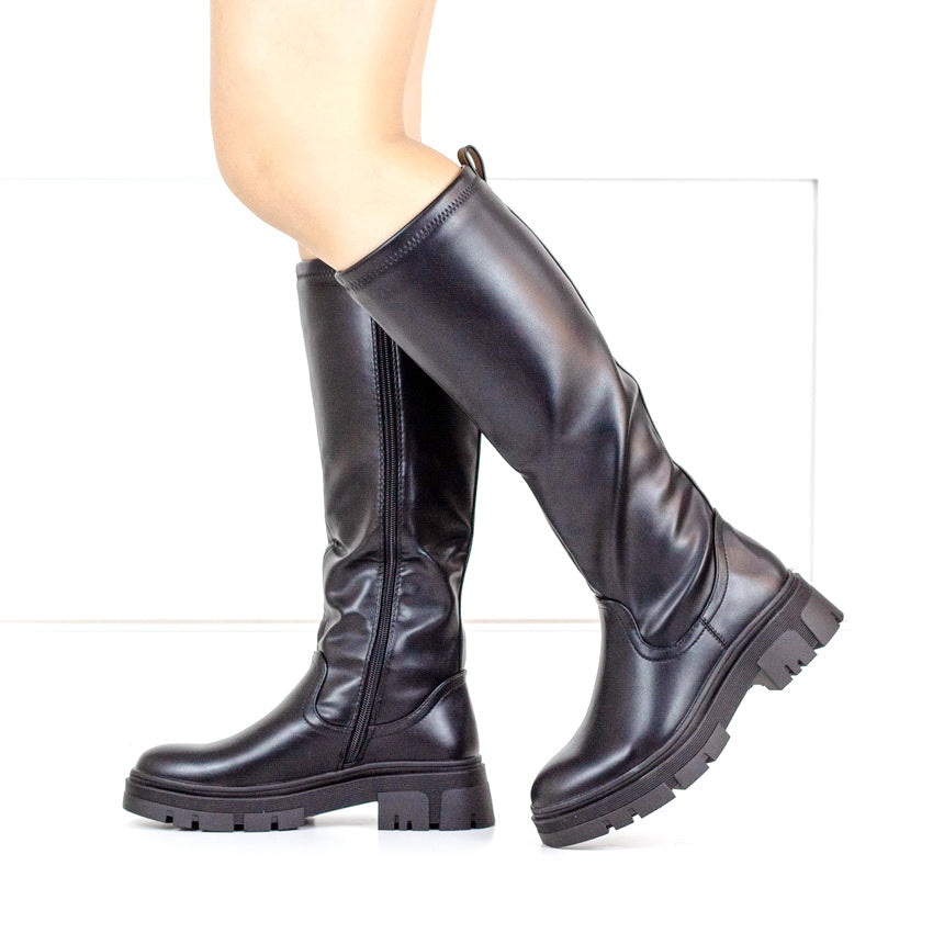 Black chunky knee high stretch boot lucian