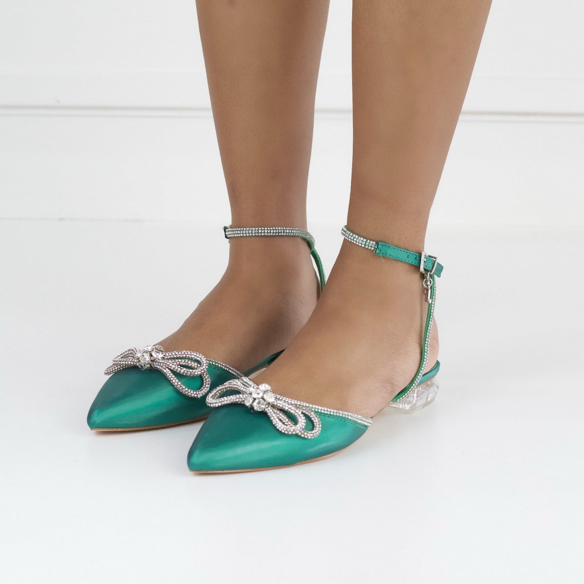 Green 2cm heel flat pump with diamante bow kira