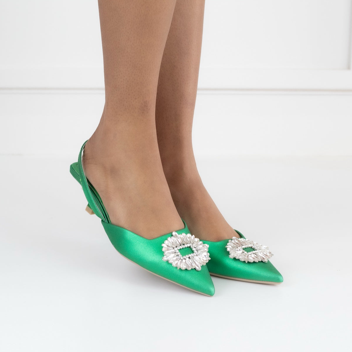 Green SATIN PU with trim on a 4cm mid heel rosetta