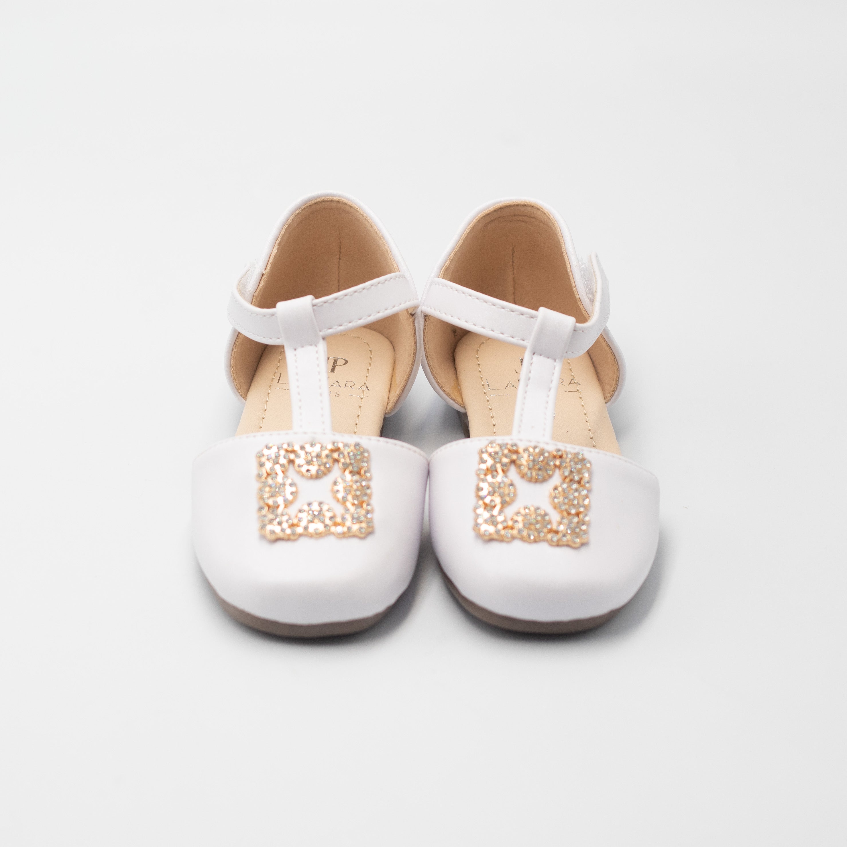 White baby girls t-shaped belt pump with gold trim ayla