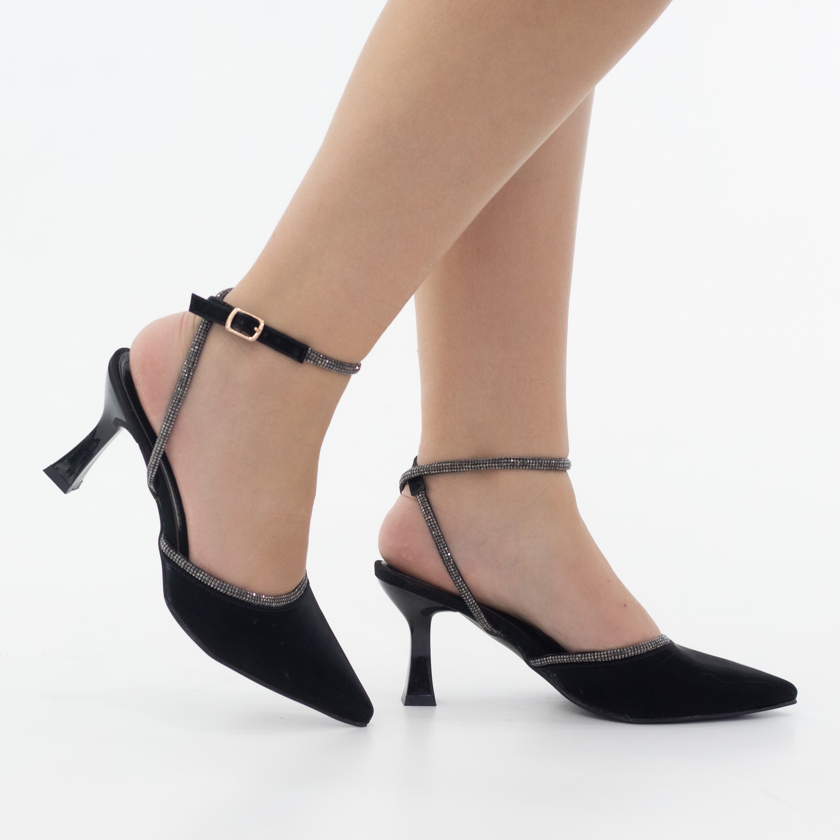 Black embellished with diamante detailed on spool heel black