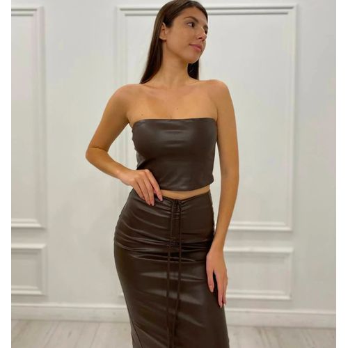 Brown drawstring vegan leather midi skirt siyah