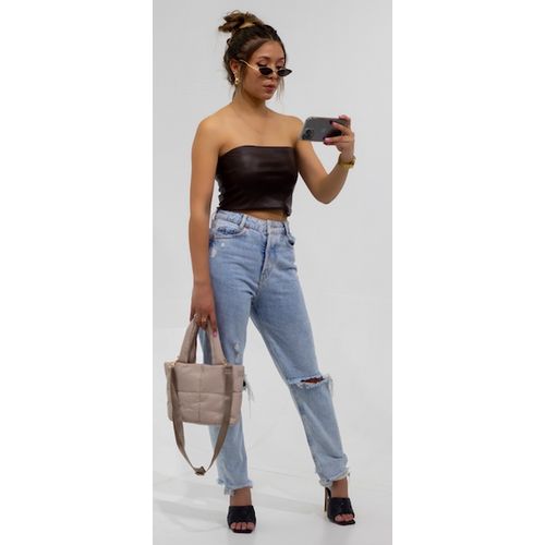 Brown faux leather boob tube top jeslyn