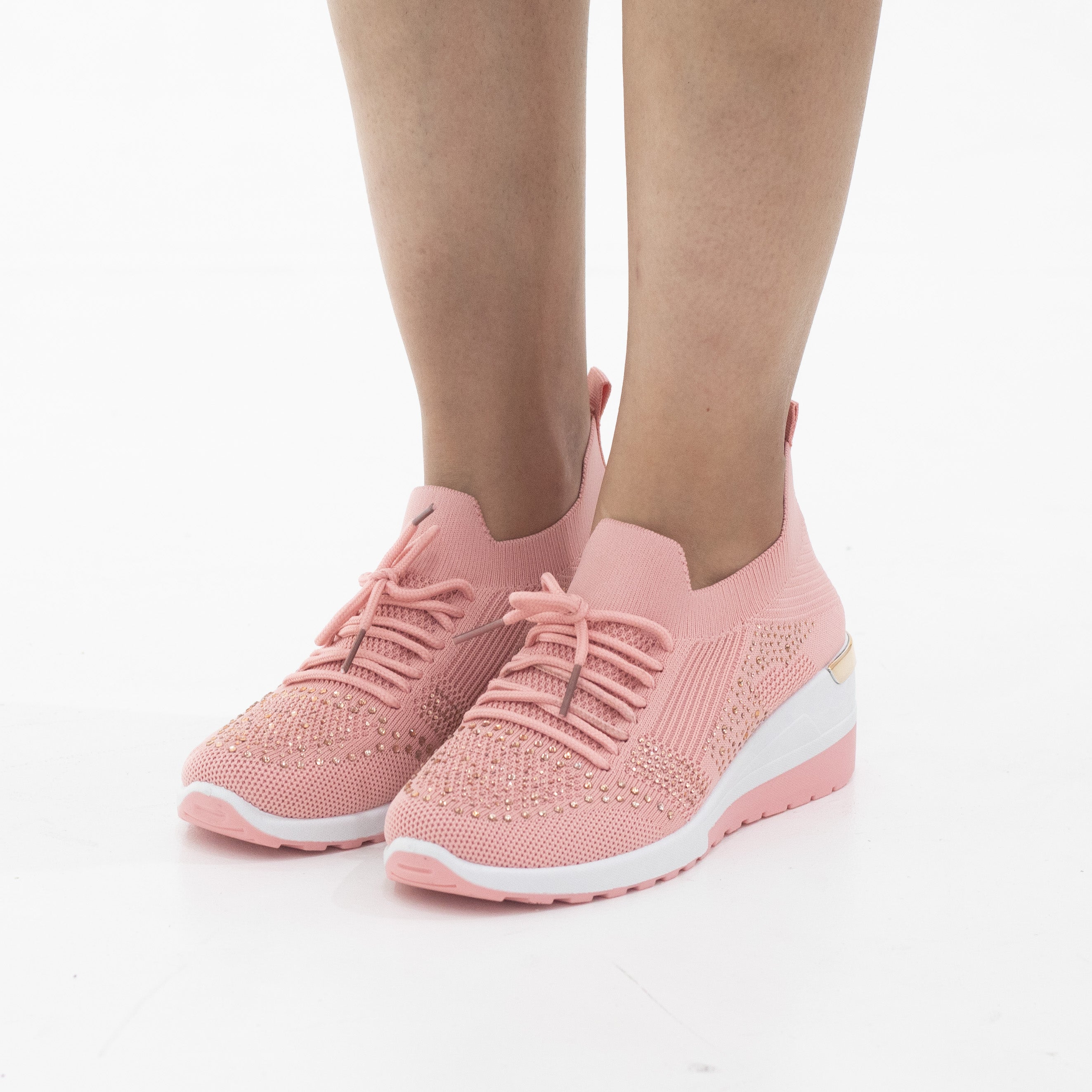 Pink fly knit lace up sneaker with diamonds obioma