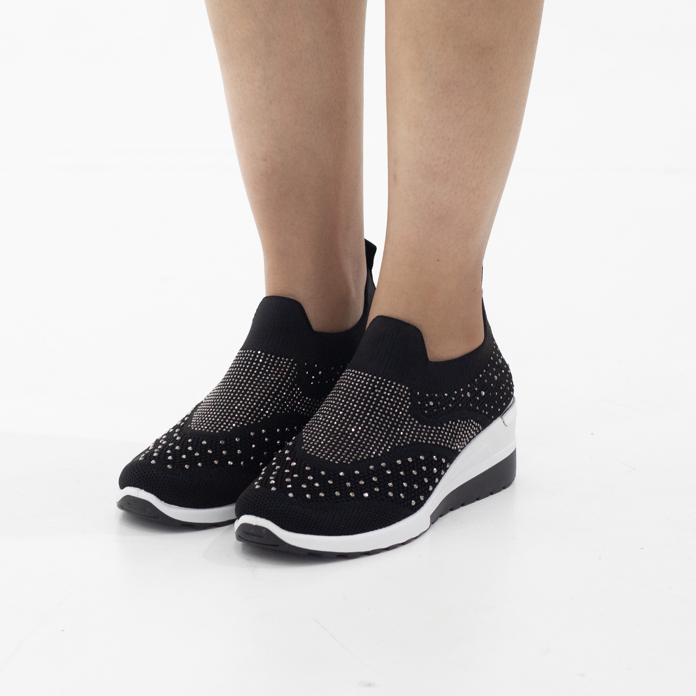 Black fly knit slip on sneaker with diamonds octavia