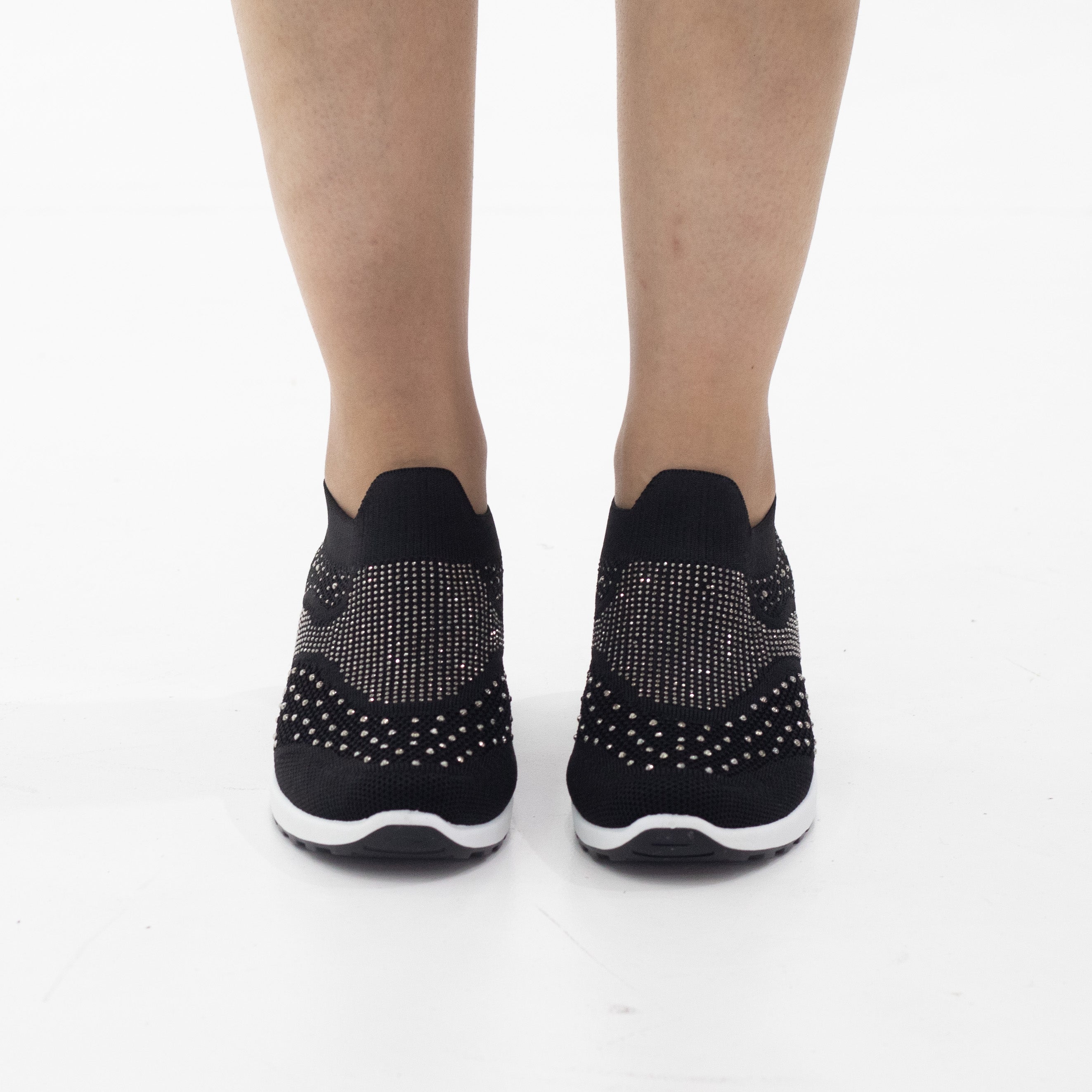 Black fly knit slip on sneaker with diamonds octavia