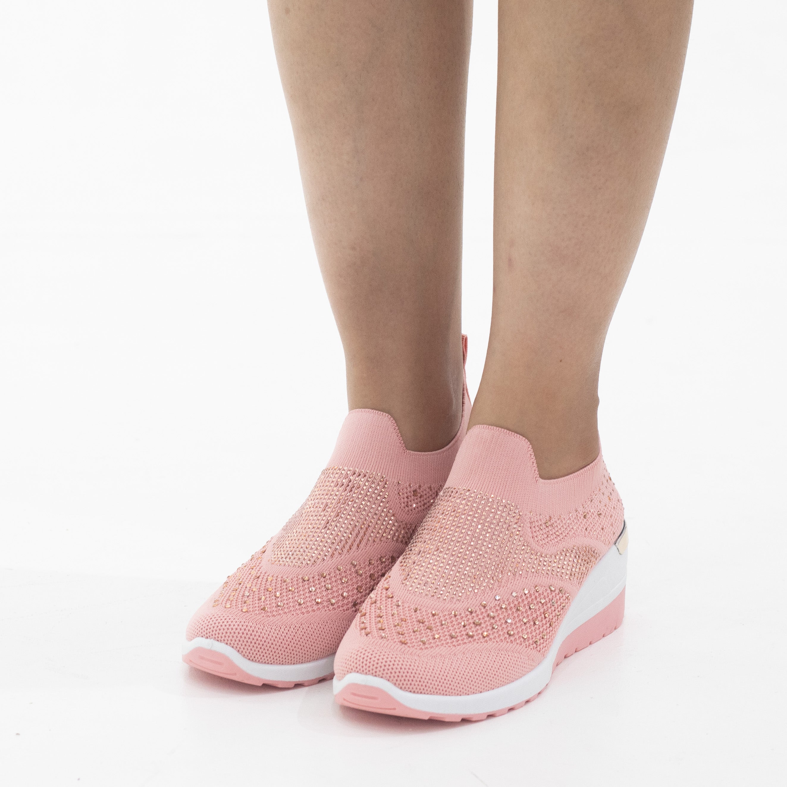 Pink fly knit slip on sneaker with diamonds octavia