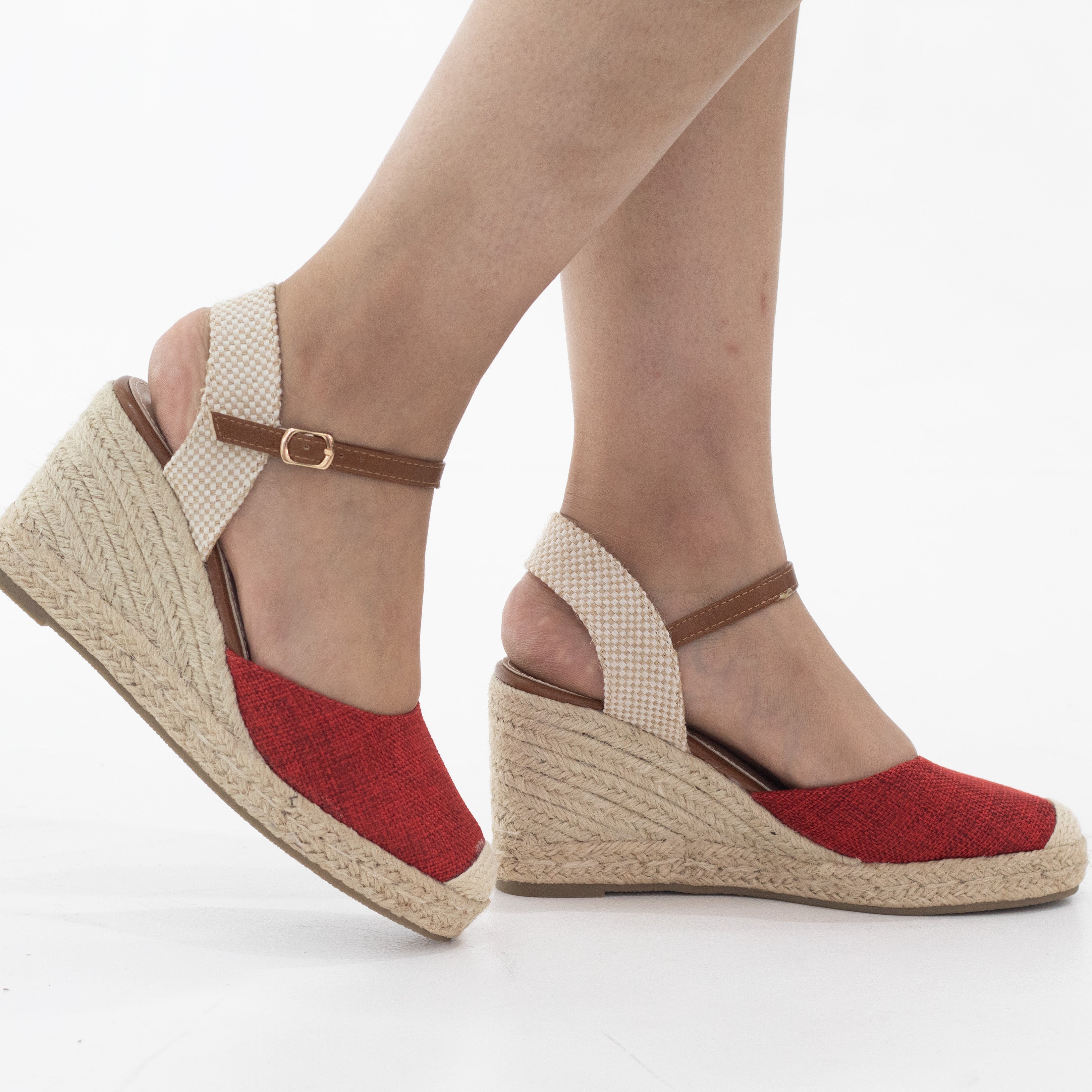 Red espadrille woven closed toe 8cm wedge heel sandals hitomi