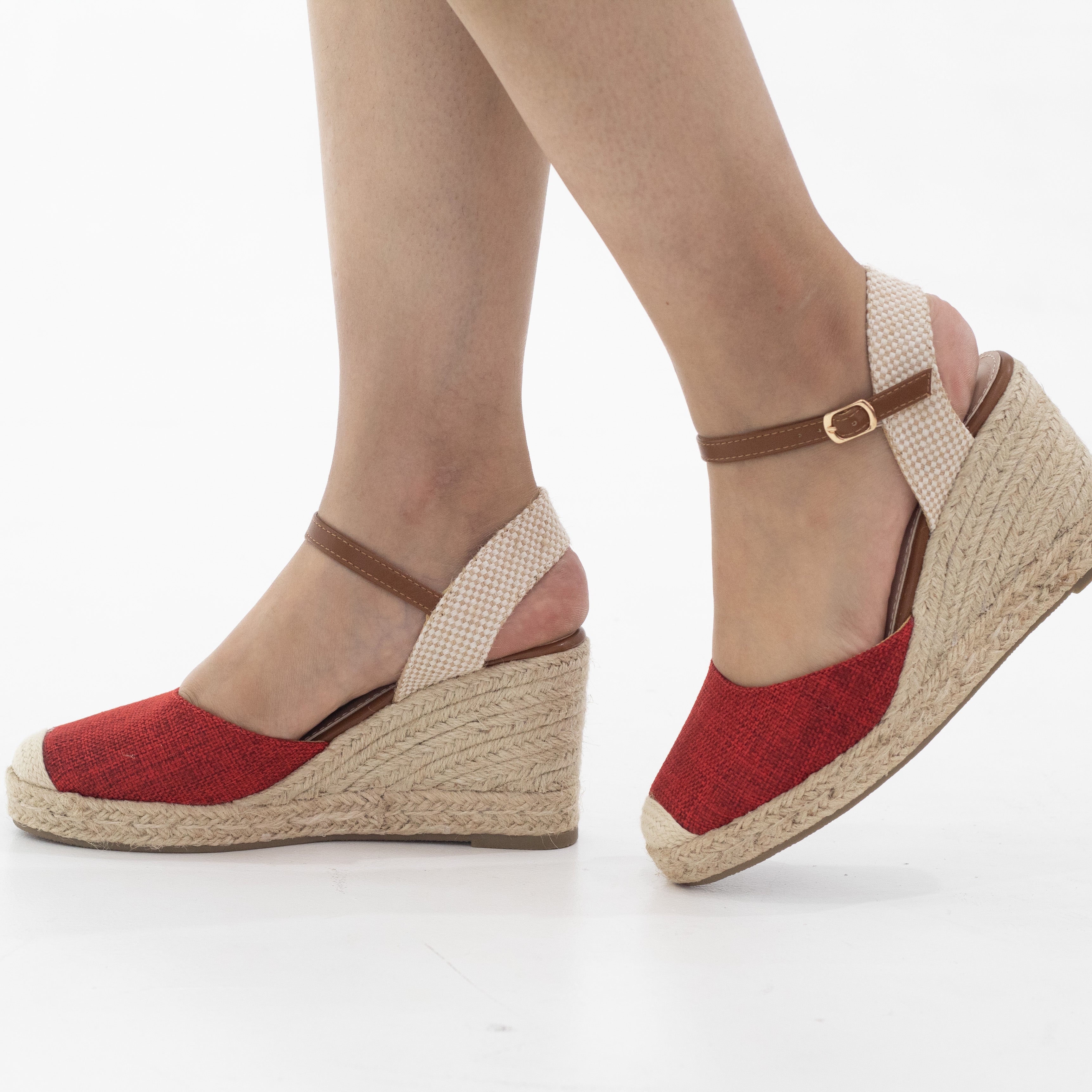 Red espadrille woven closed toe 8cm wedge heel sandals hitomi