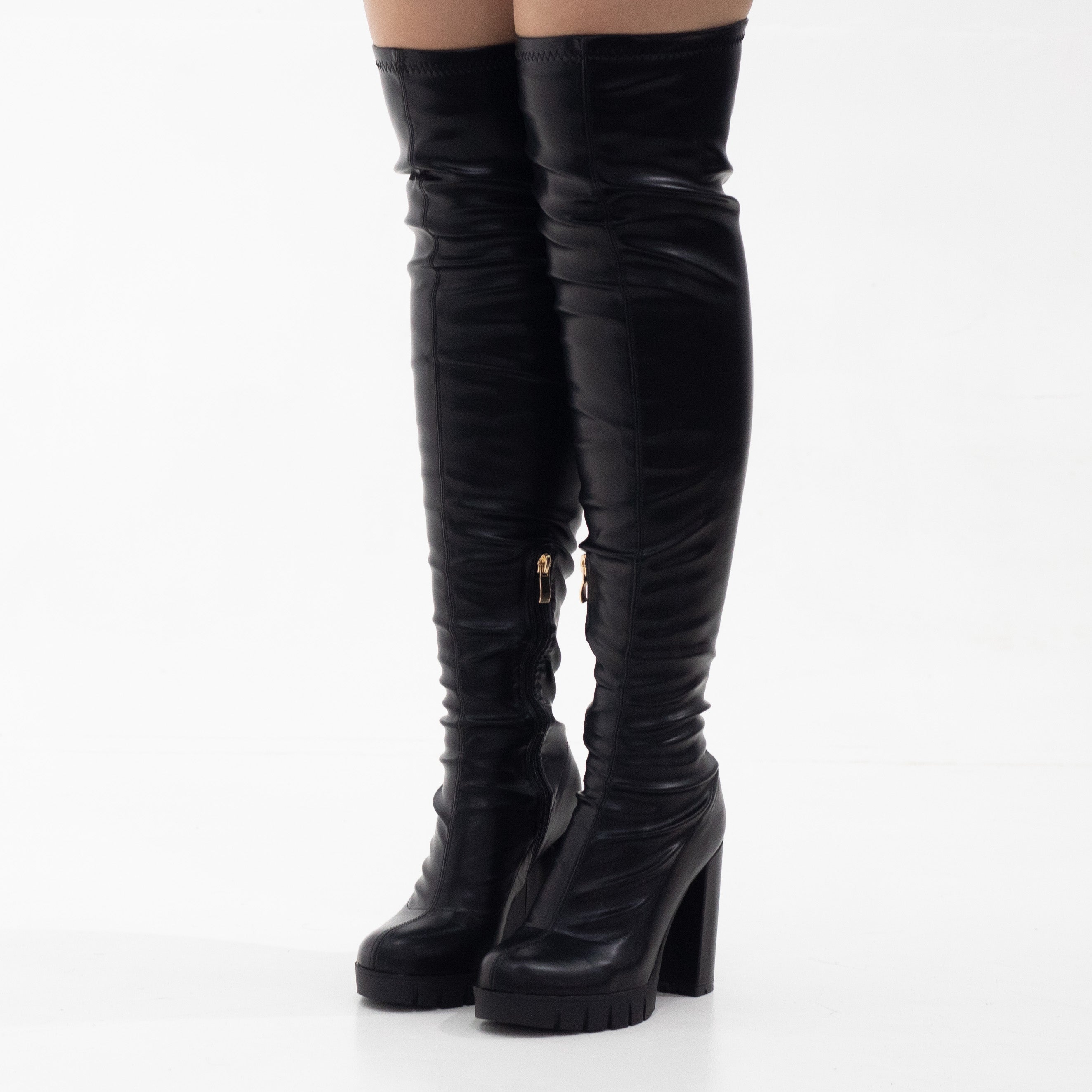 Black thigh high 11cm chuncky heel boot pat mianto