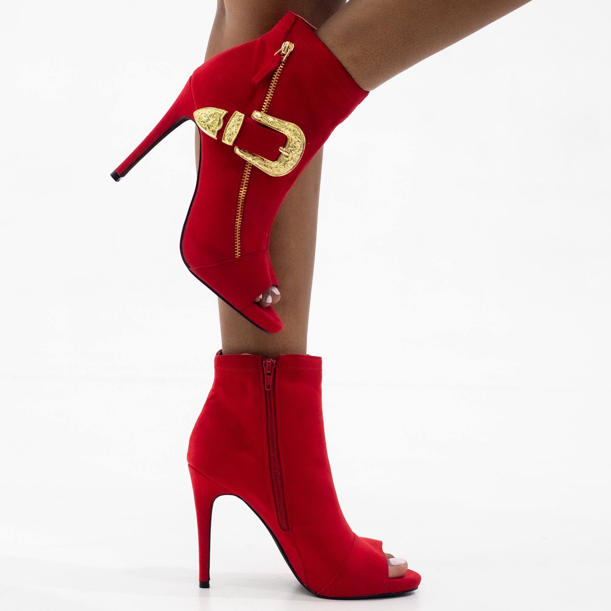 Red micro fiber 11cm high heel open toe ankle boot ugra