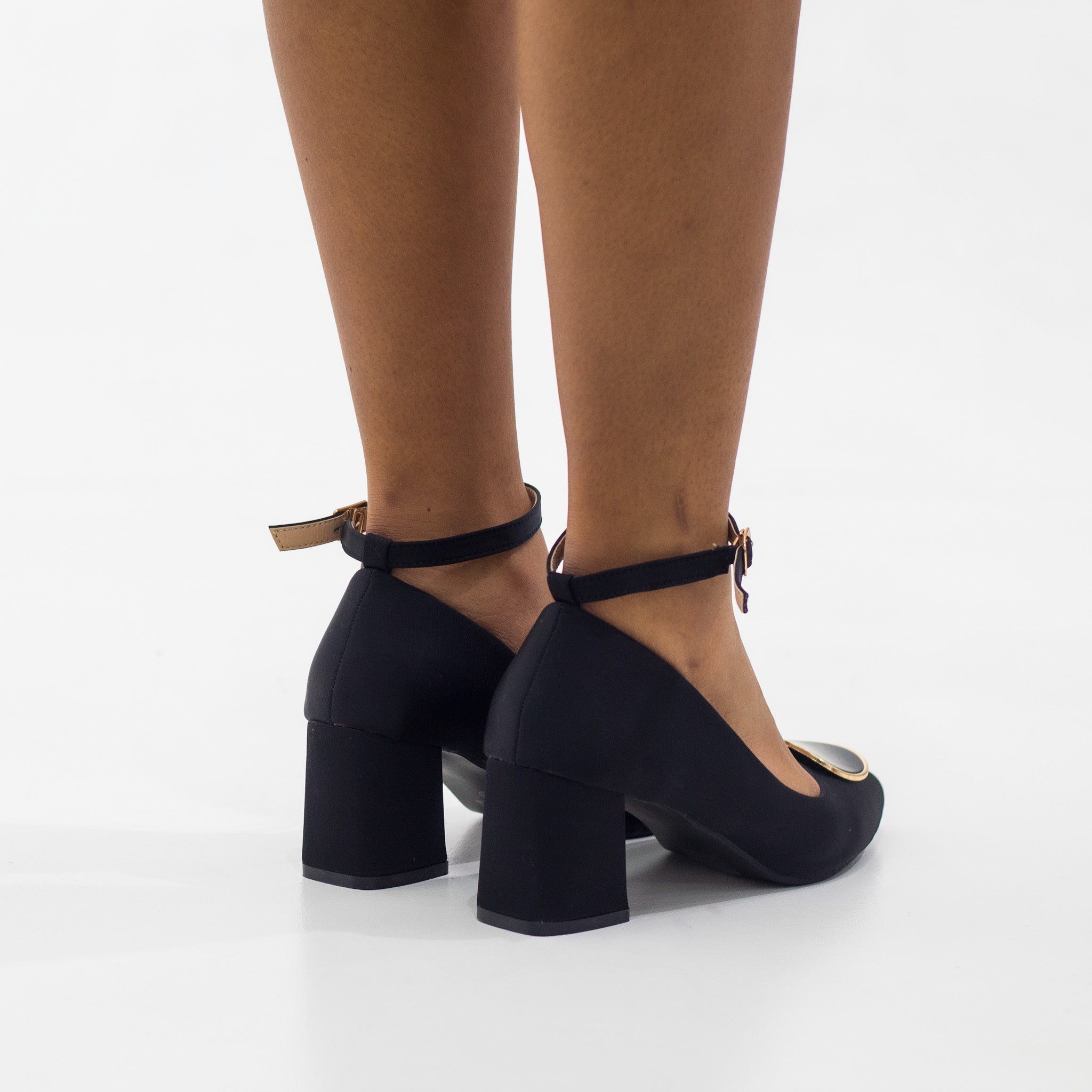 Black 7.5cm block heel ankle strap court with a round trim trip