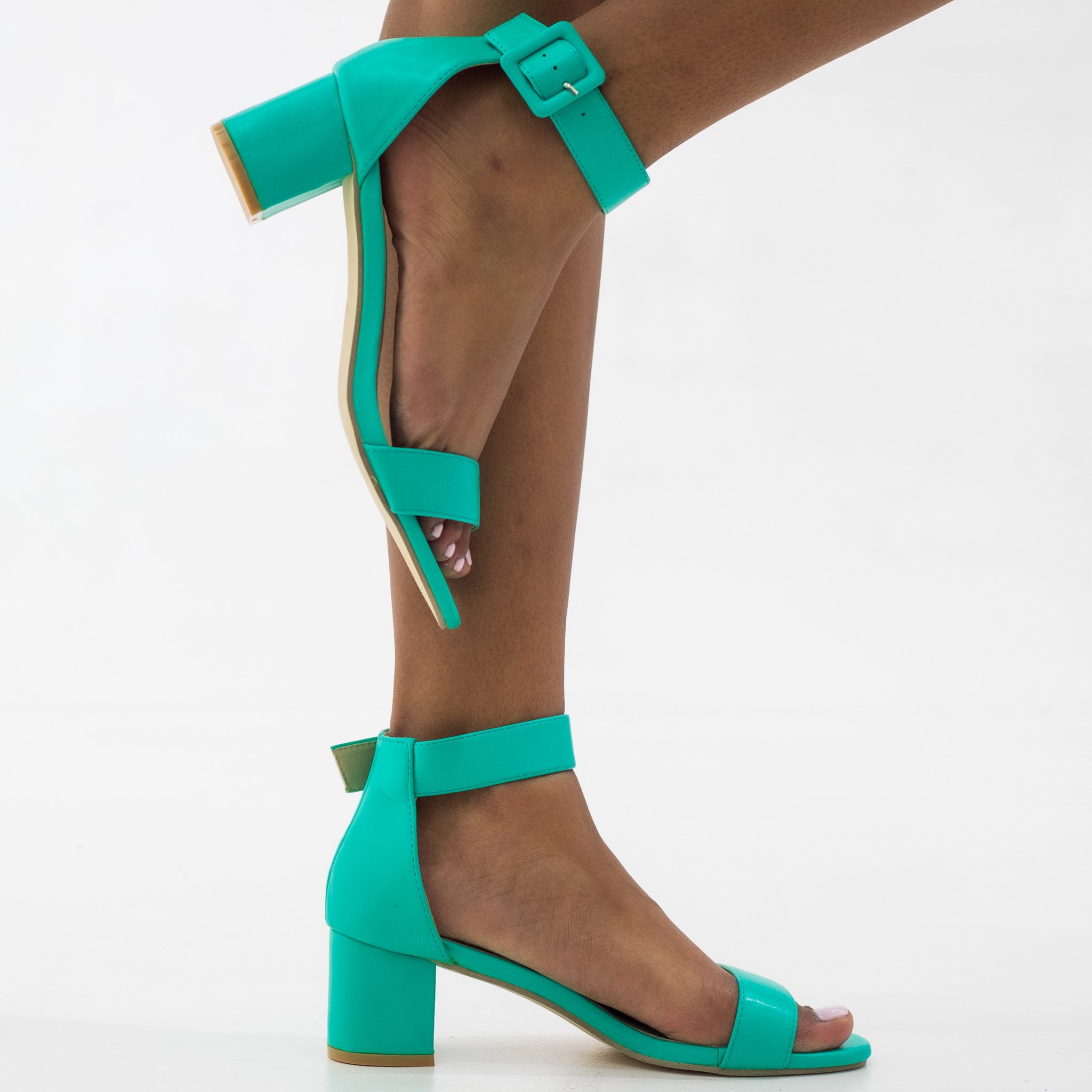 Green one band ankle strap 5.5cm heel sandal pu aqua ulana