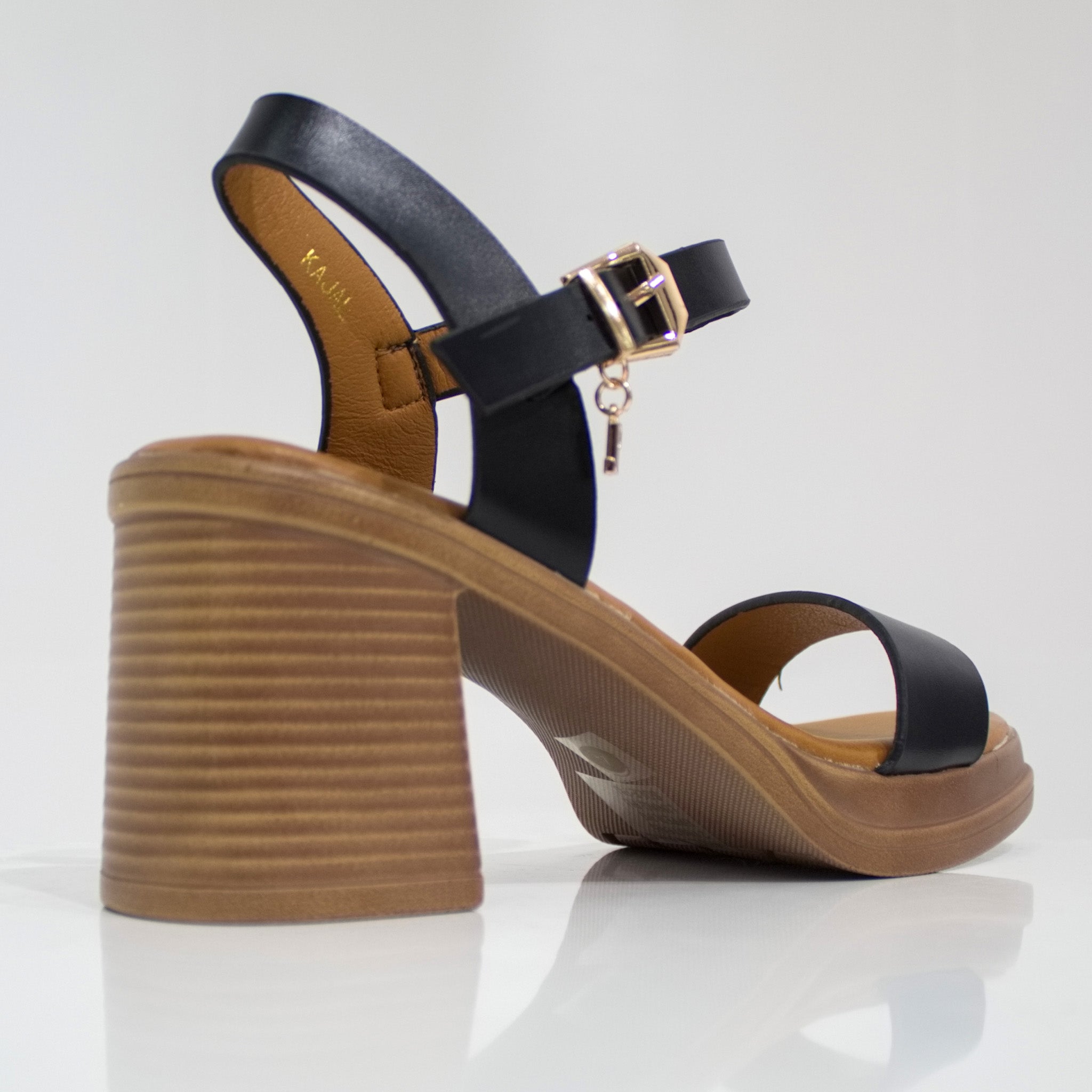 Black one band sandal on 7.5cm block heel kajal