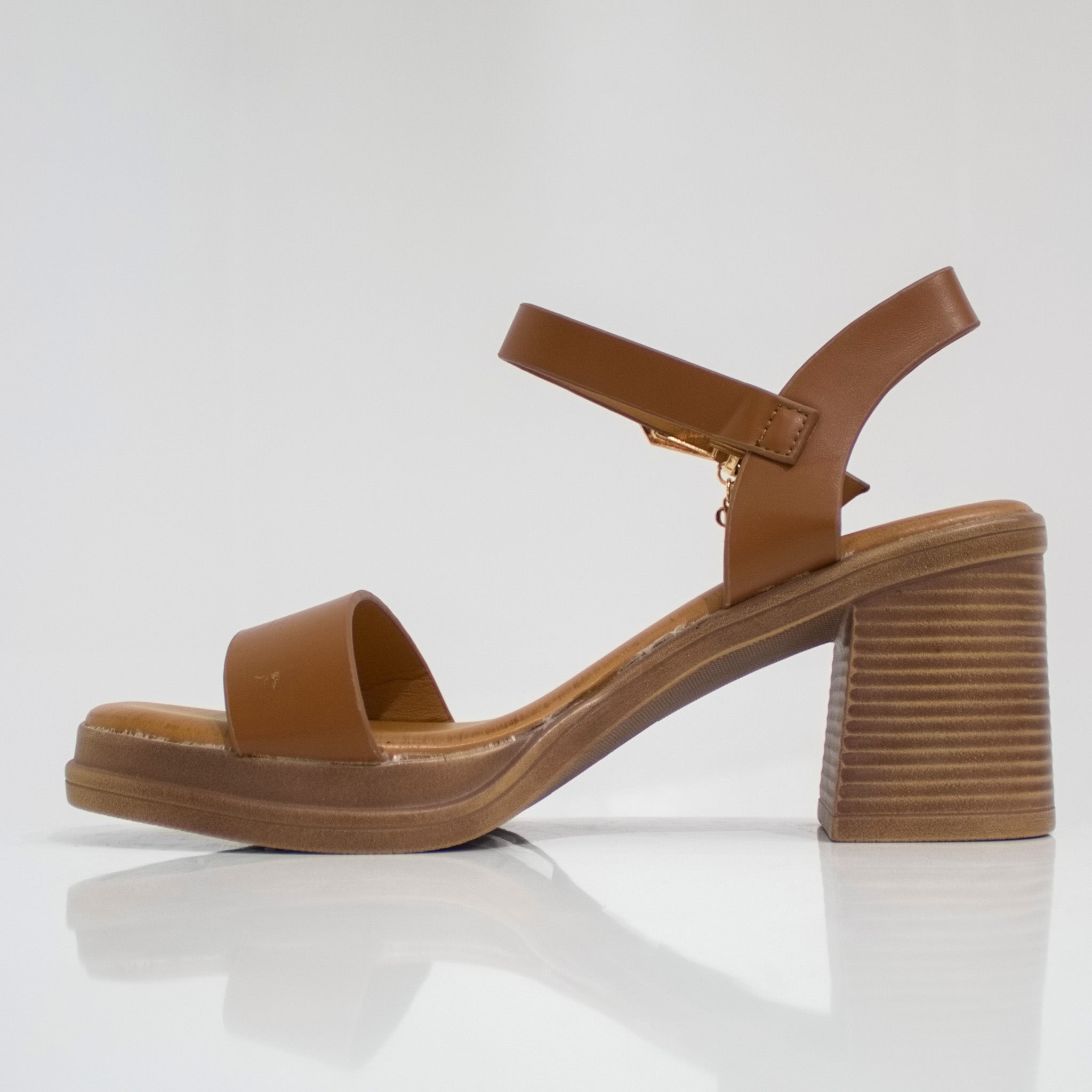 Brown one band sandal on 7.5cm block heel kajal