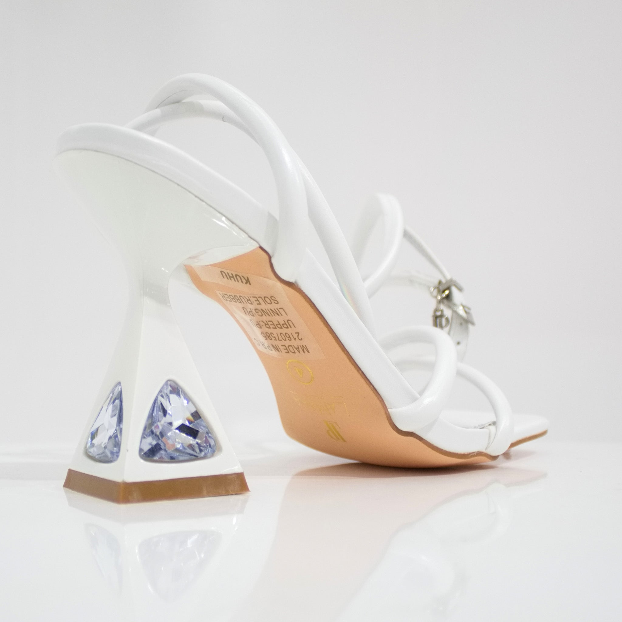 White pu stripy ankle strap sandal on 9.5cm curved heel kuhu