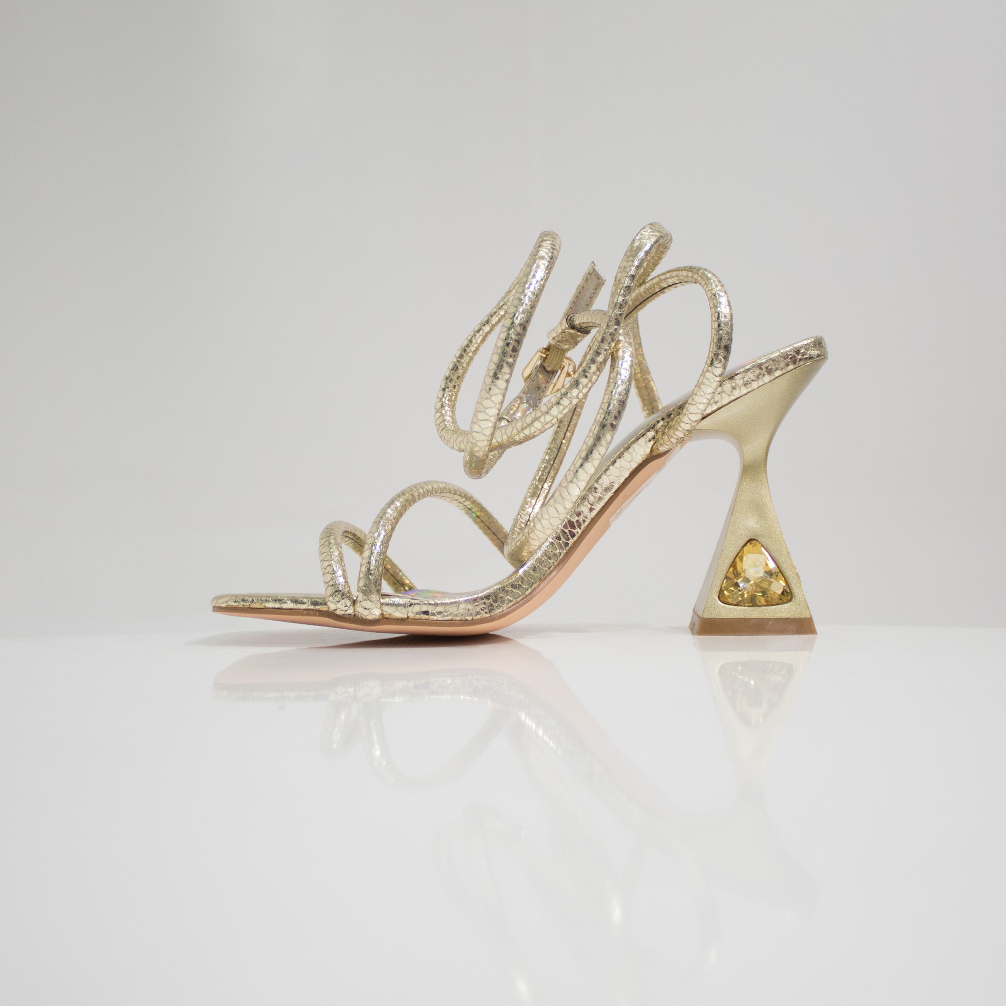 Light gold strippy ankle strap sandal on curved heel kuhu