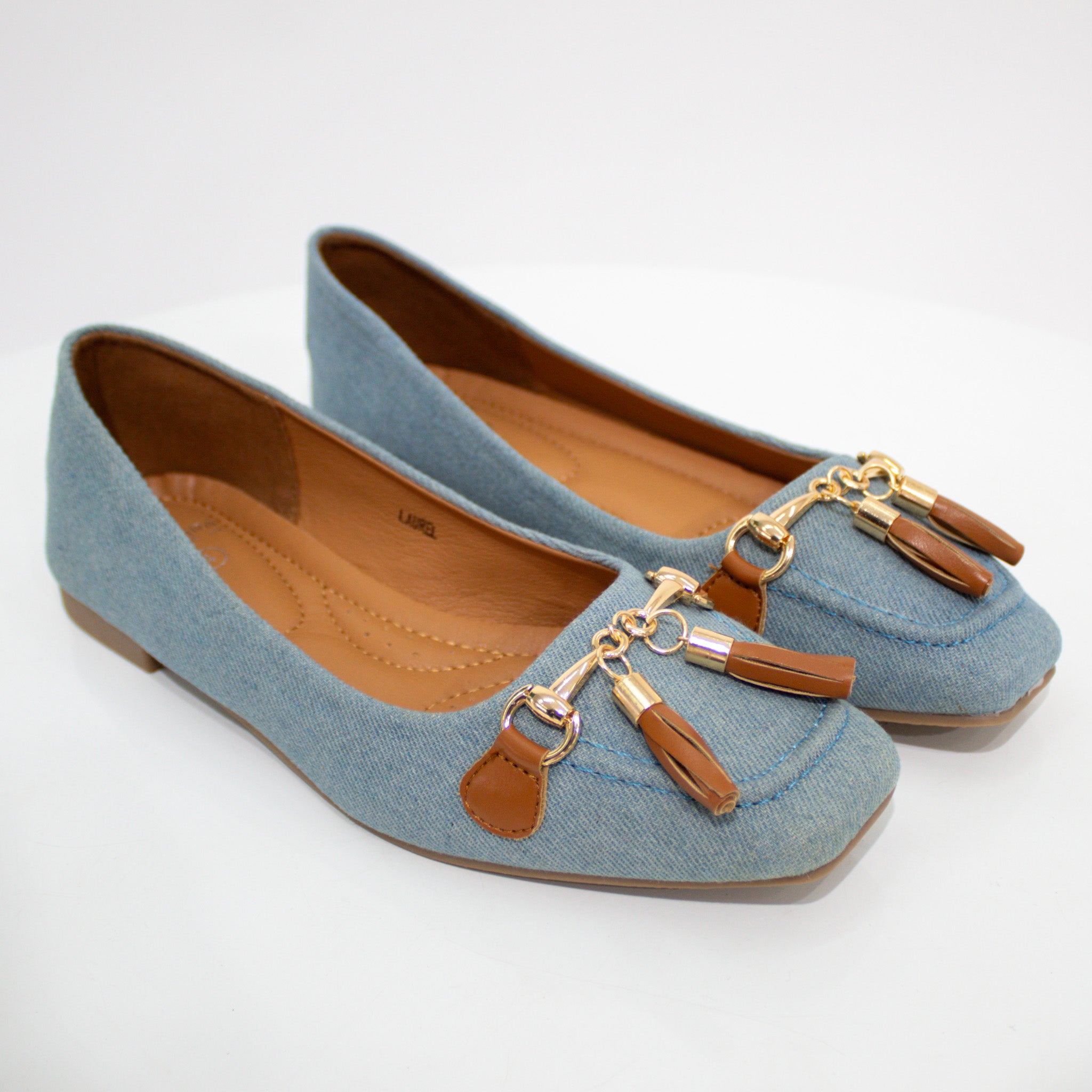 Blue tassel trim faux leather flat shoes laurel