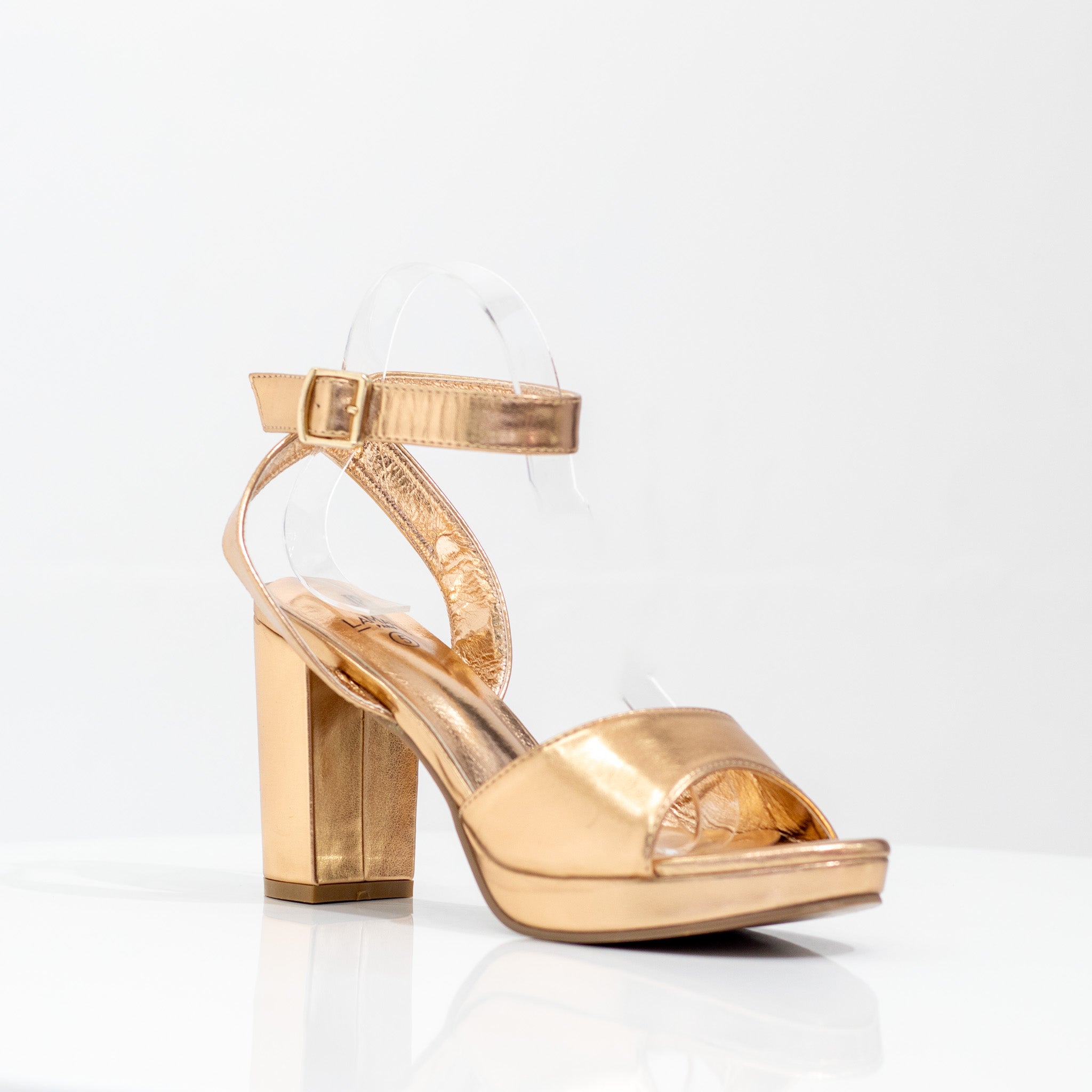 gold one band sandal on platform heel