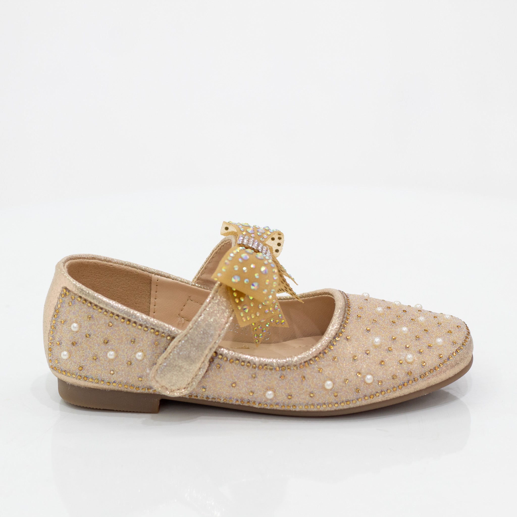 Champagne infant girls diamante pump with bow belt pabla